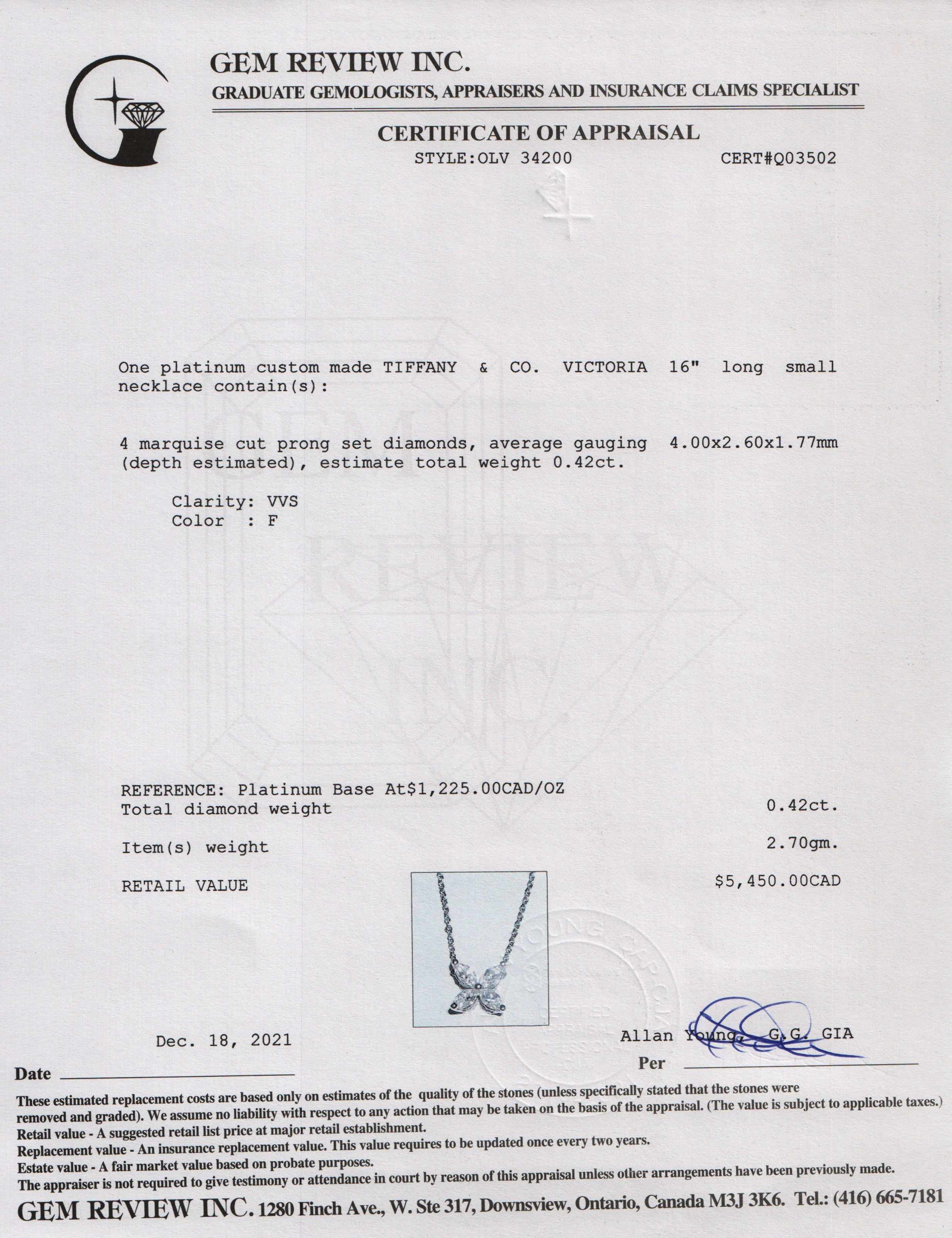 Tiffany & Co. Platinum Diamond Small Victoria Pendant Necklace