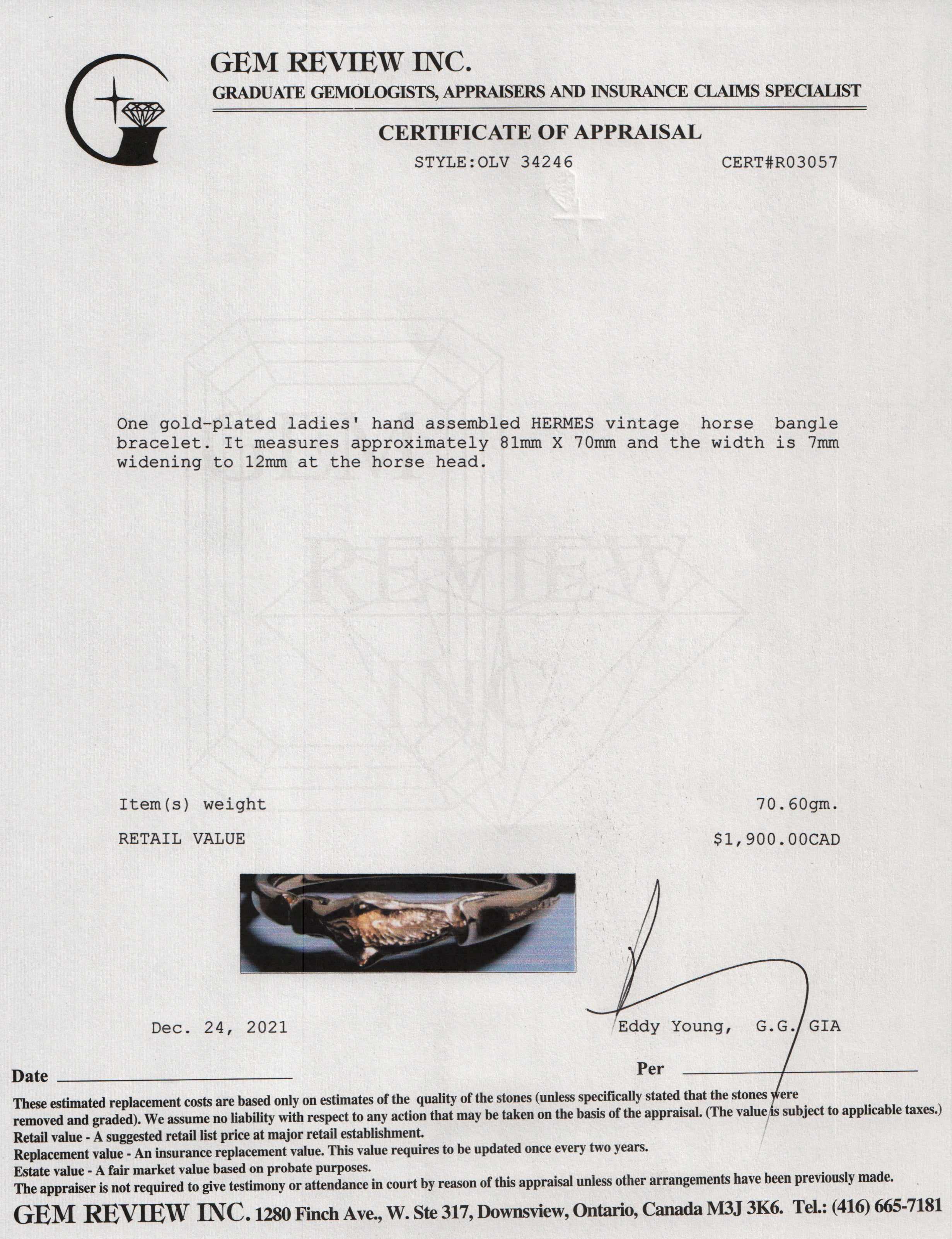 Hermes Vintage Gold Plated Horse Bangle Bracelet