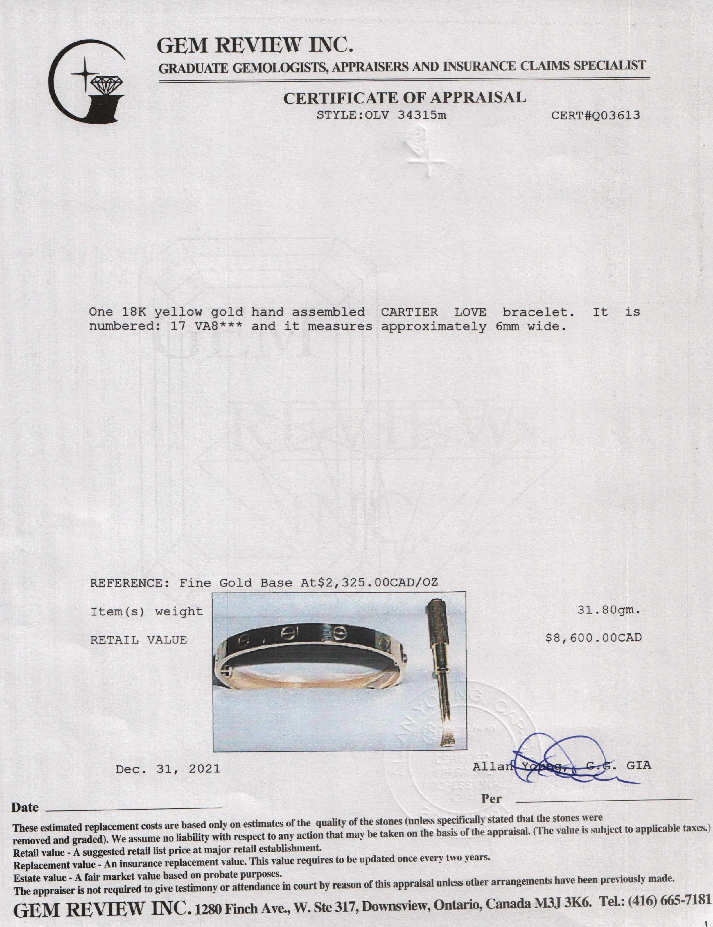 Cartier 18k Gold Love Bracelet w/ Screwdriver & Certificate