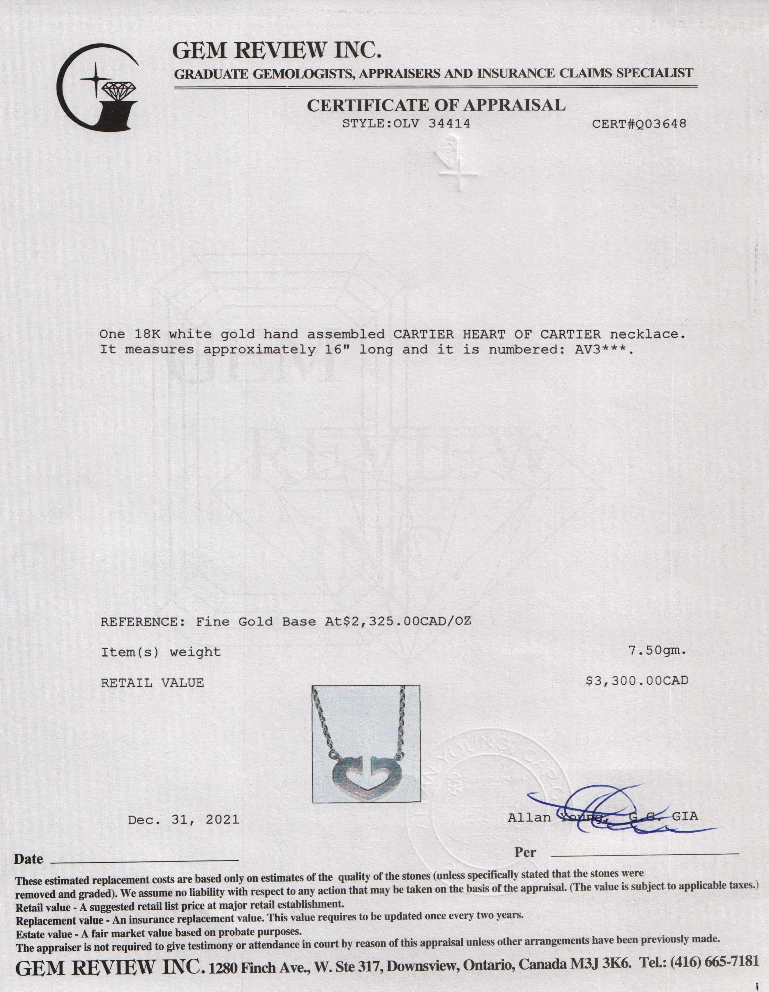 Cartier 18k White Gold C de Cartier Heart Pendant Necklace w/ Box