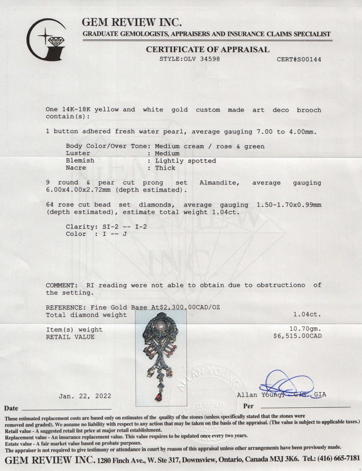 Antique Art Deco Diamond, Pearl & Garnet Drop Brooch