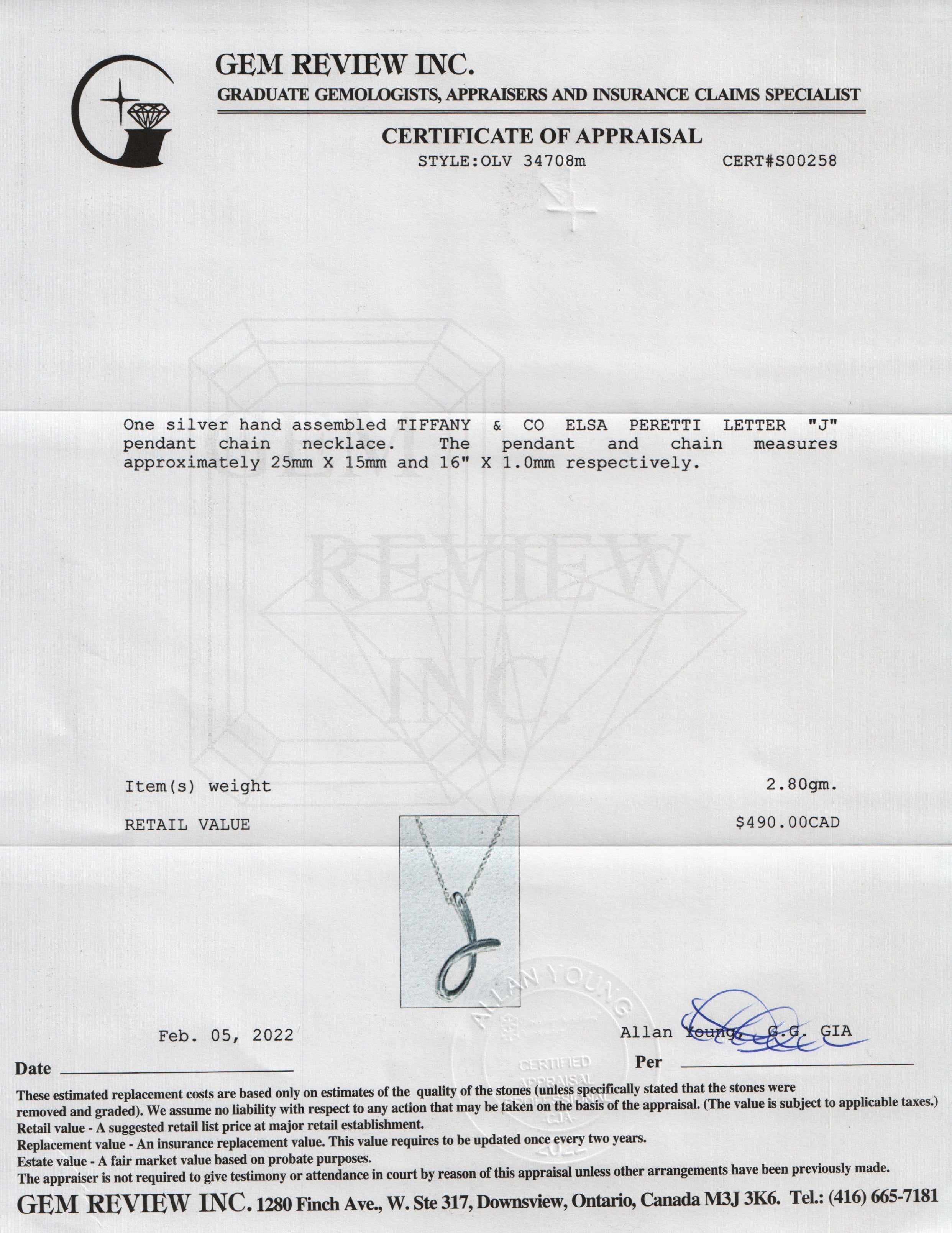 Tiffany & Co. Elsa Peretti Letter 'J' Pendant Necklace