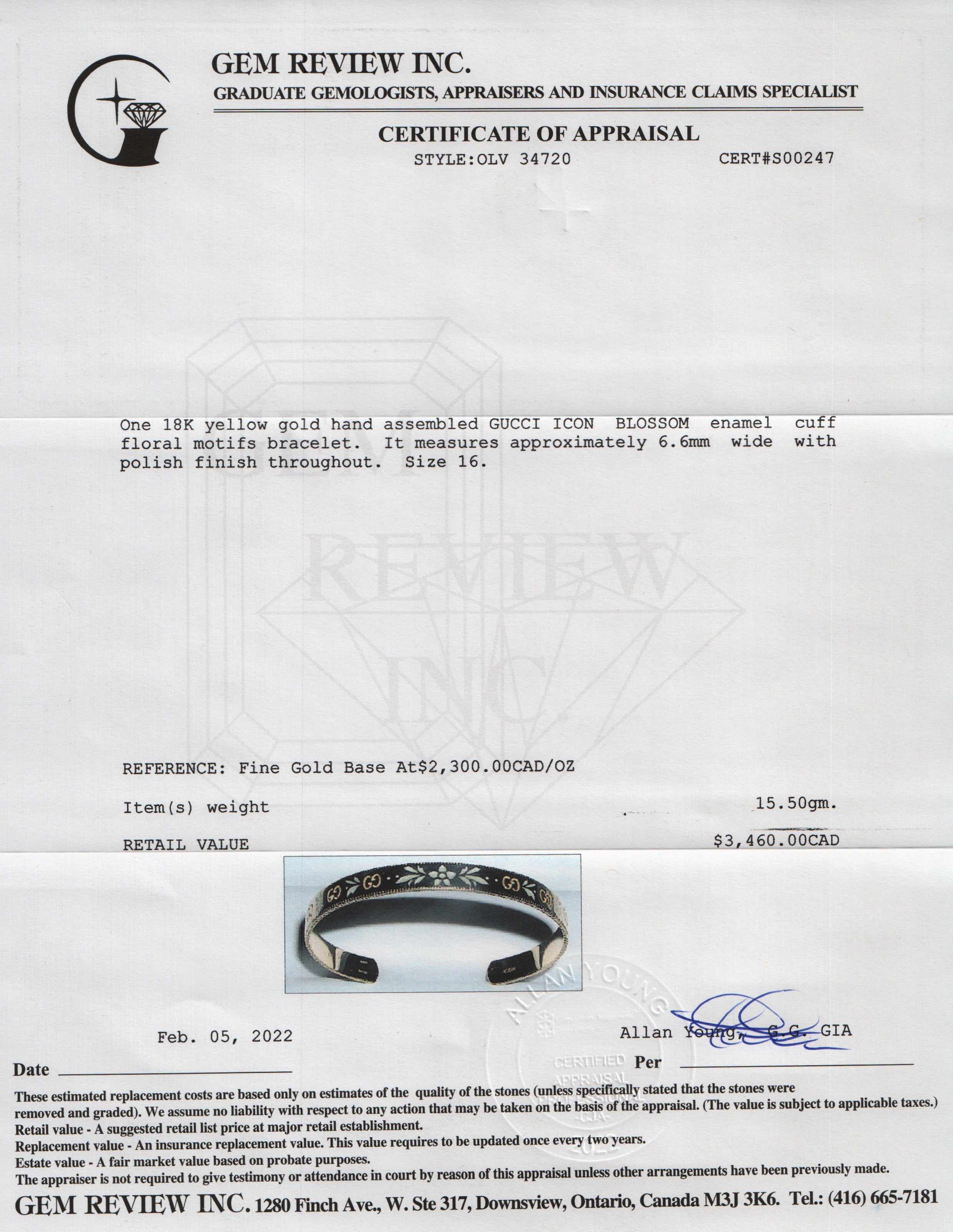 Gucci 18k Yellow Gold Icon Blossom Enamel Cuff Bracelet