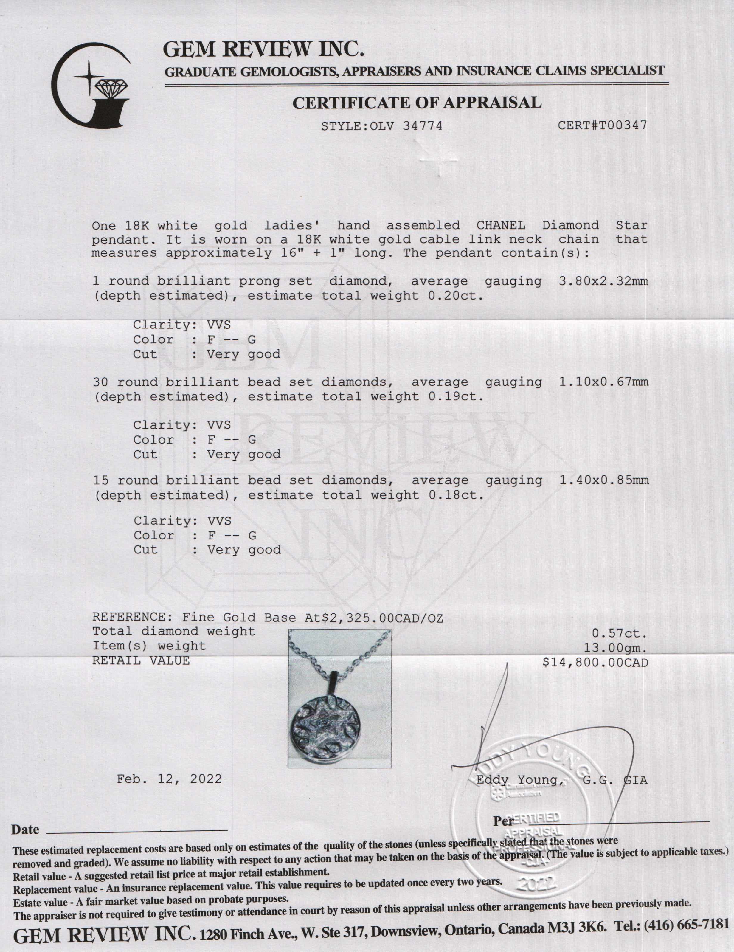 Chanel 18k White Gold Diamond Star Pendant Necklace