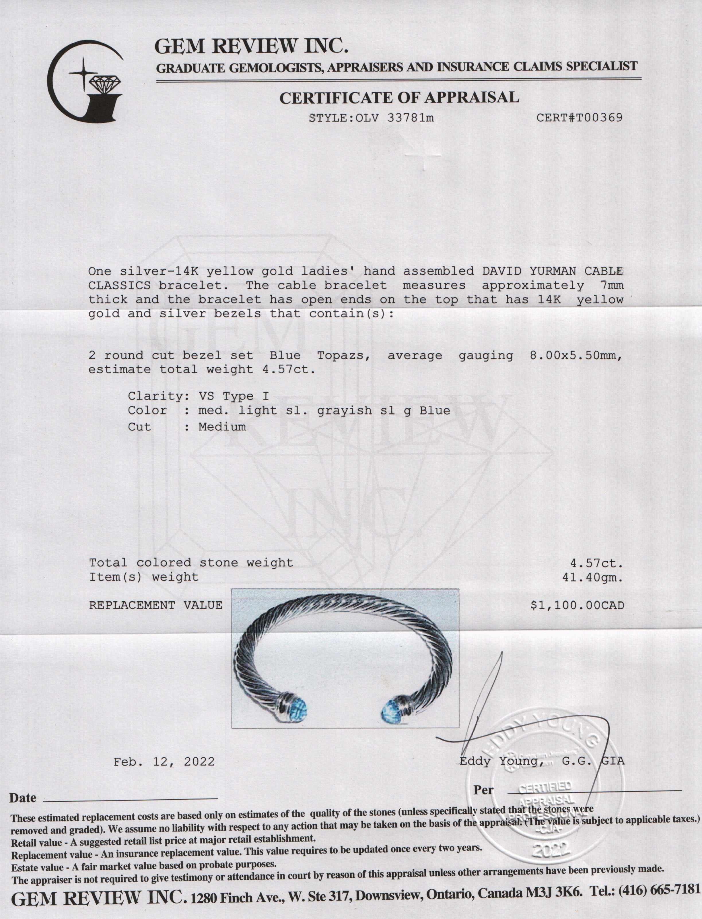 David Yurman Two-Tone Cable Classics Bracelet with Blue Topaz