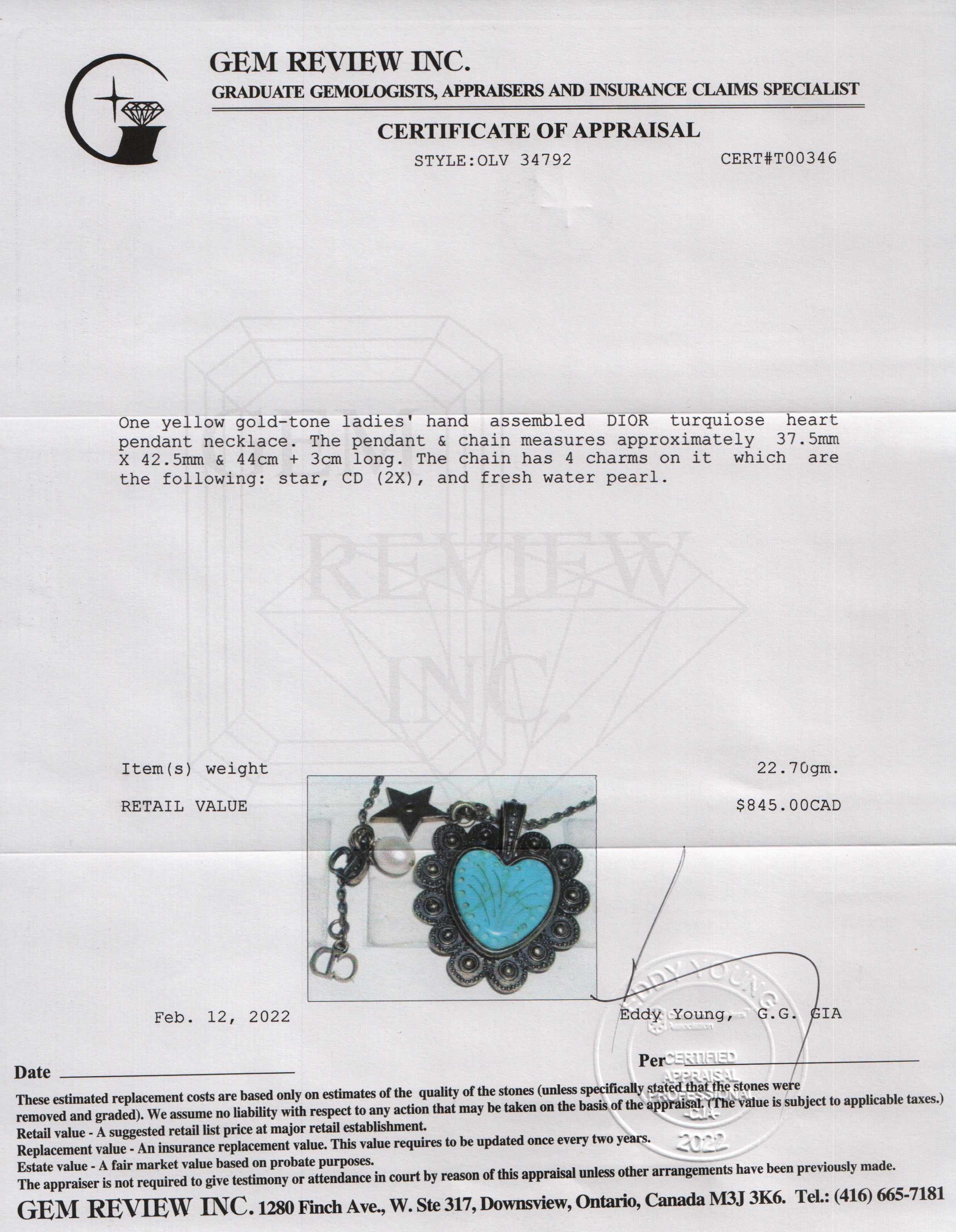 Christian Dior Turquoise Heart Pendant Necklace