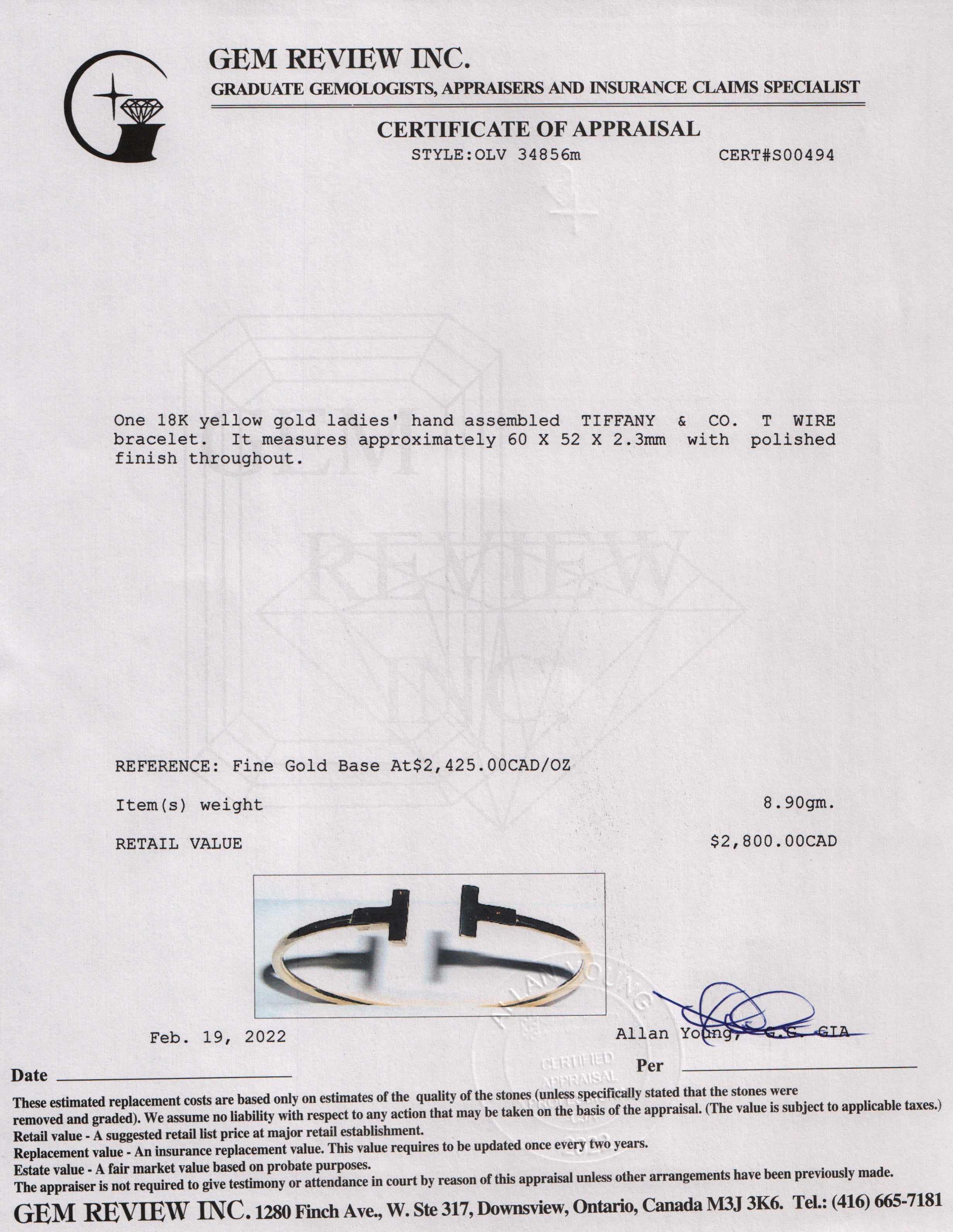Tiffany & Co. 18k Gold T Wire Bracelet