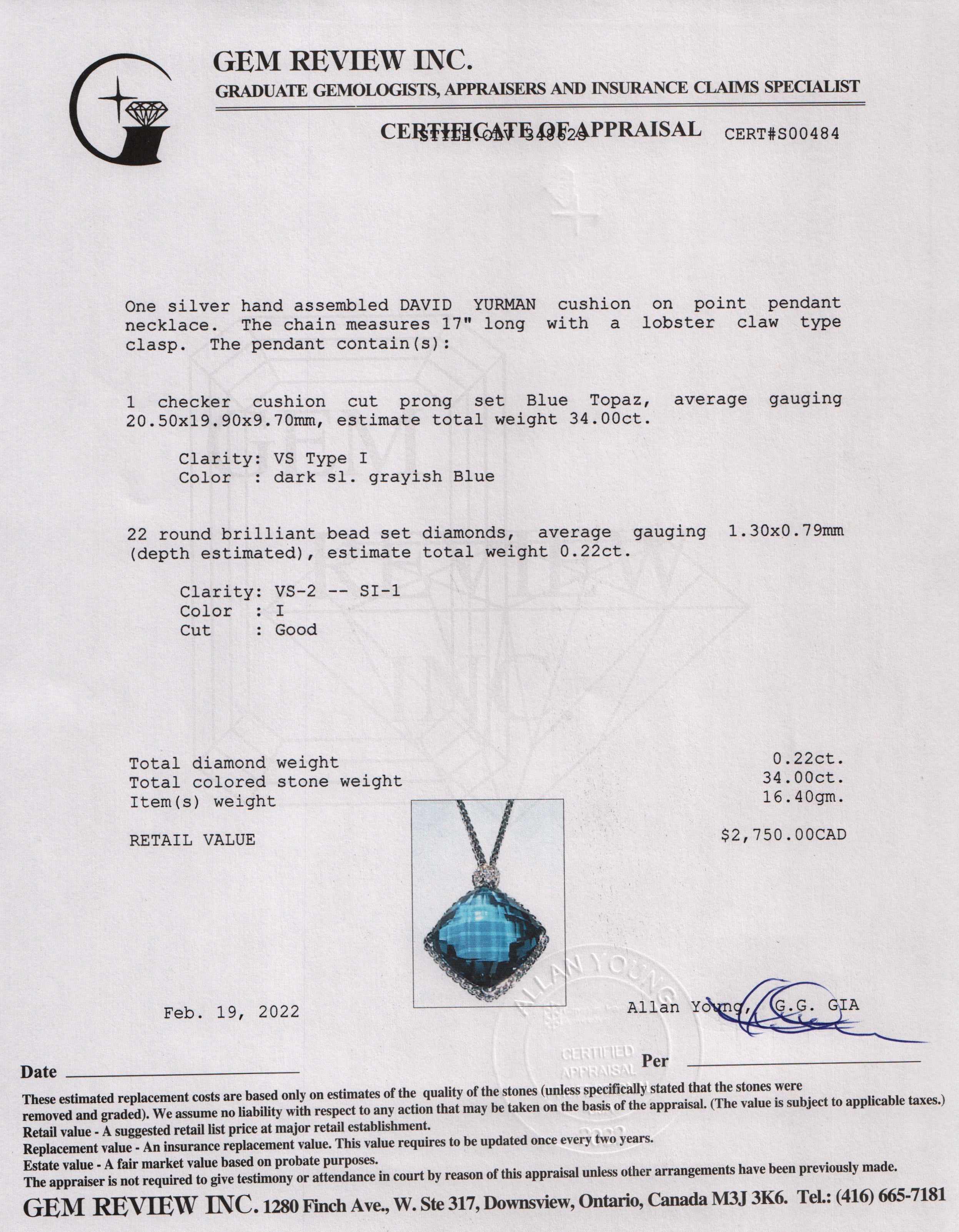 David Yurman Cushion On Point Pendant Necklace with London Blue Topaz & Diamonds