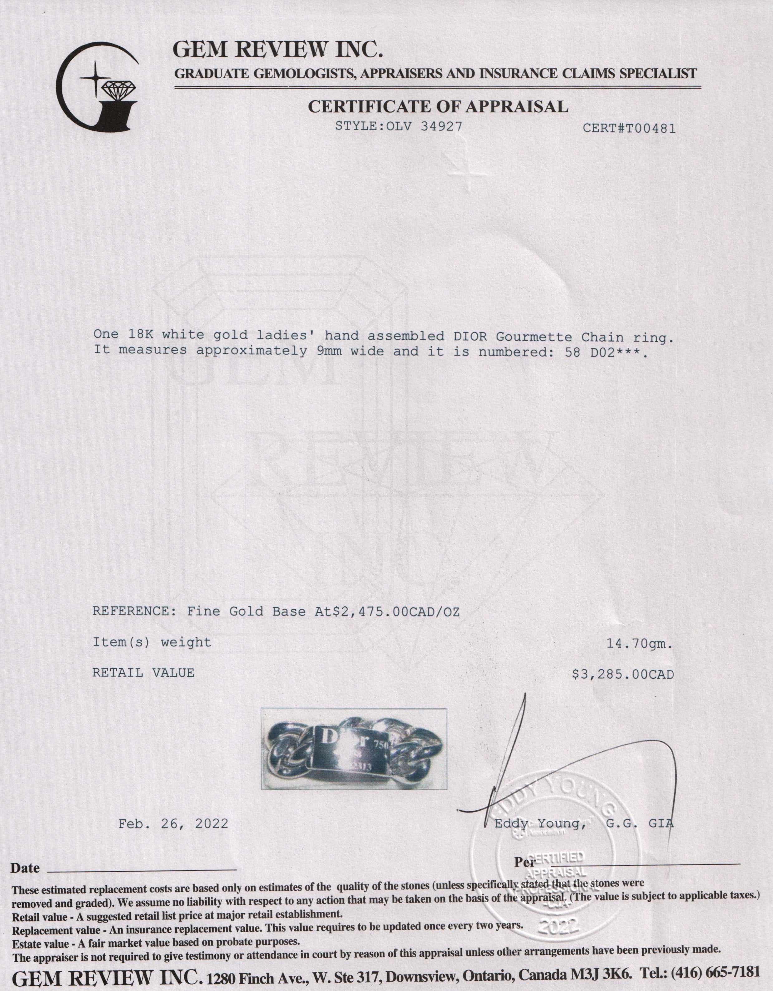 Christian Dior 18k White Gold Gourmette Chain Ring