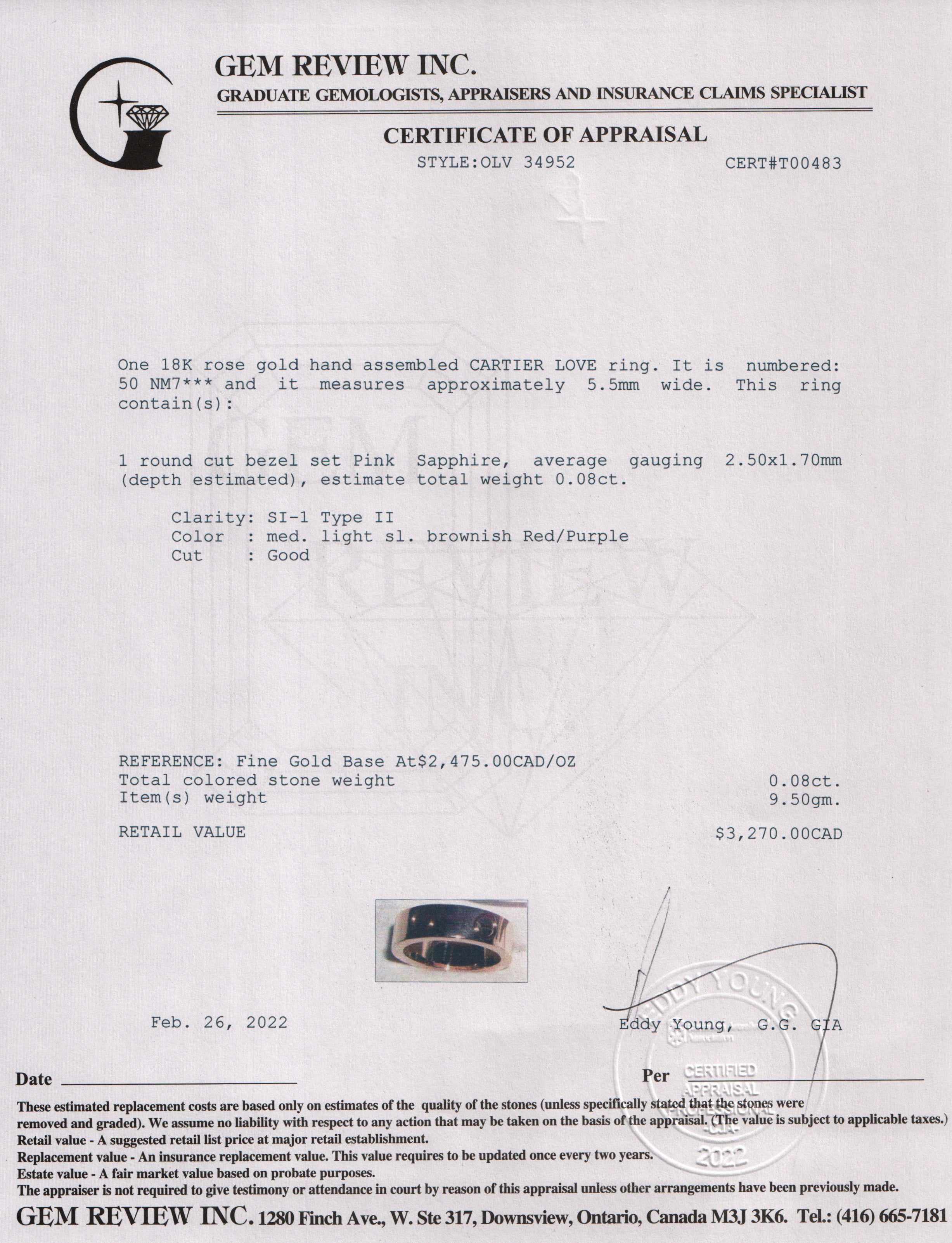 Cartier 18k Rose Gold Pink Sapphire Love Ring