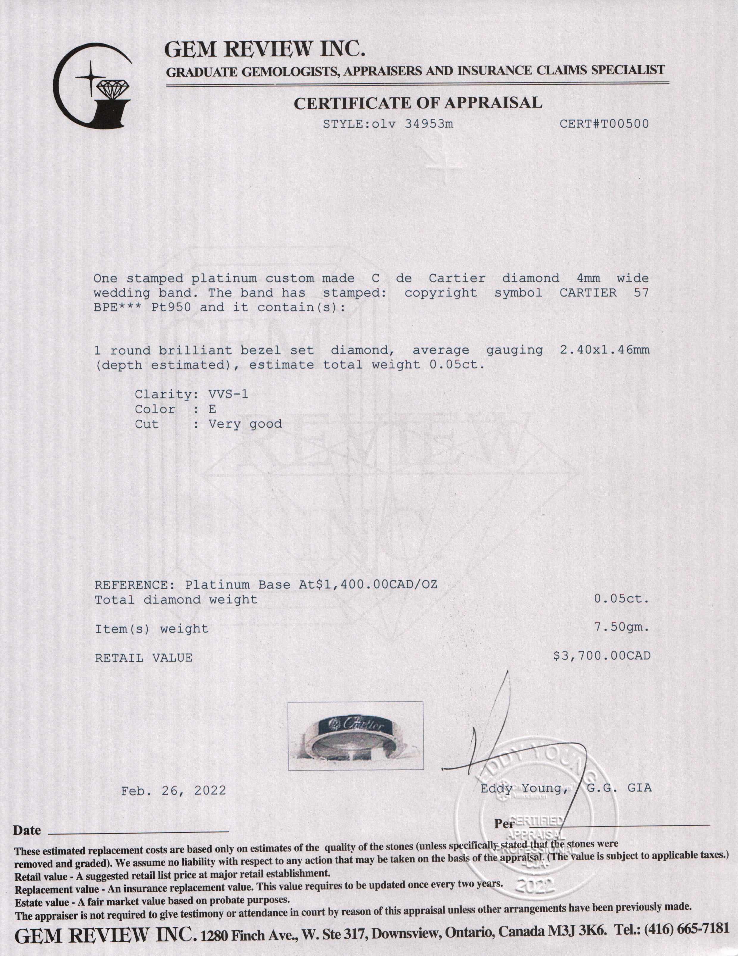 Cartier Platinum C de Cartier Diamond Wedding Band Ring w/ Box, Receipt & Cert