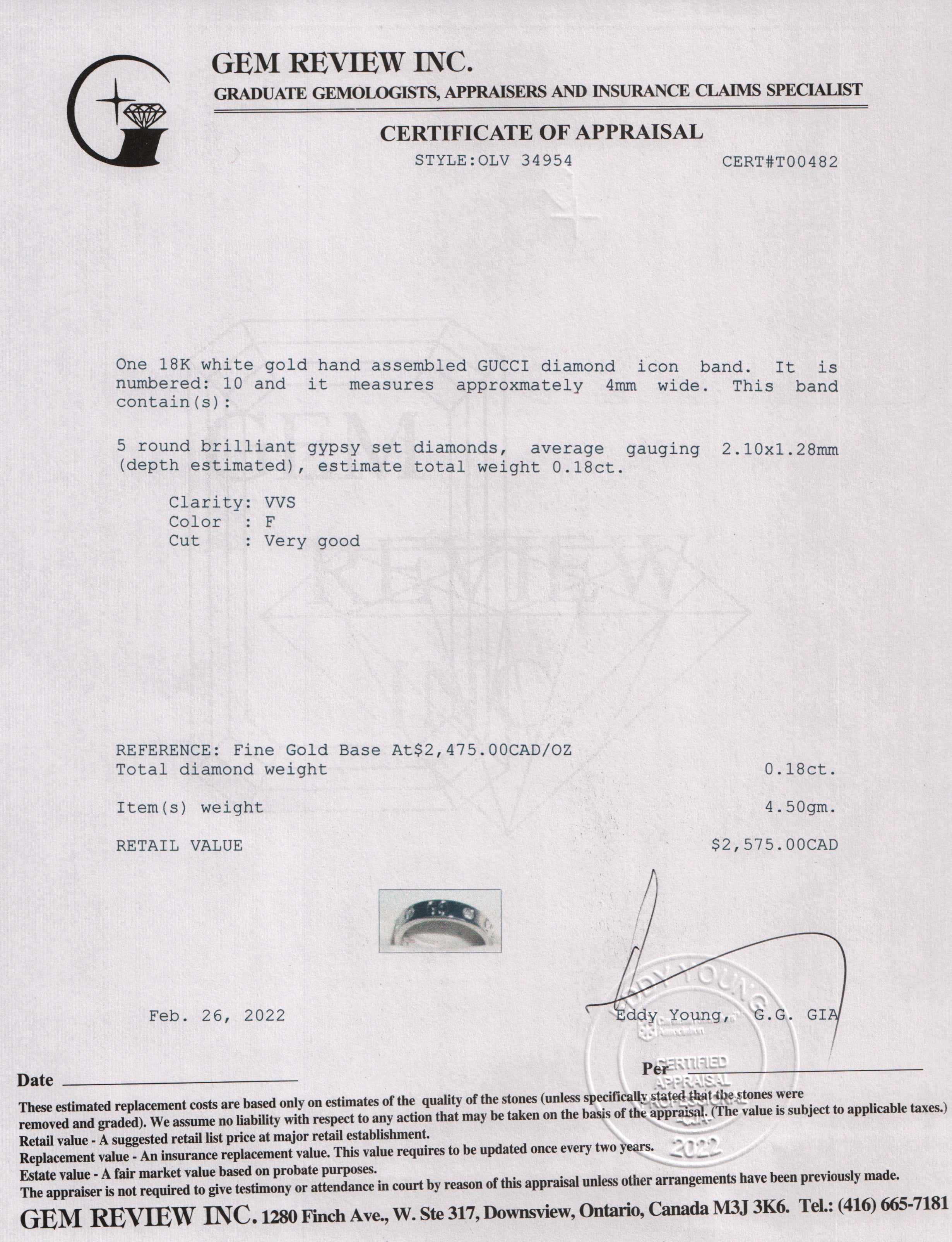 Gucci 18k White Gold Diamond Icon Band Ring w/ Box