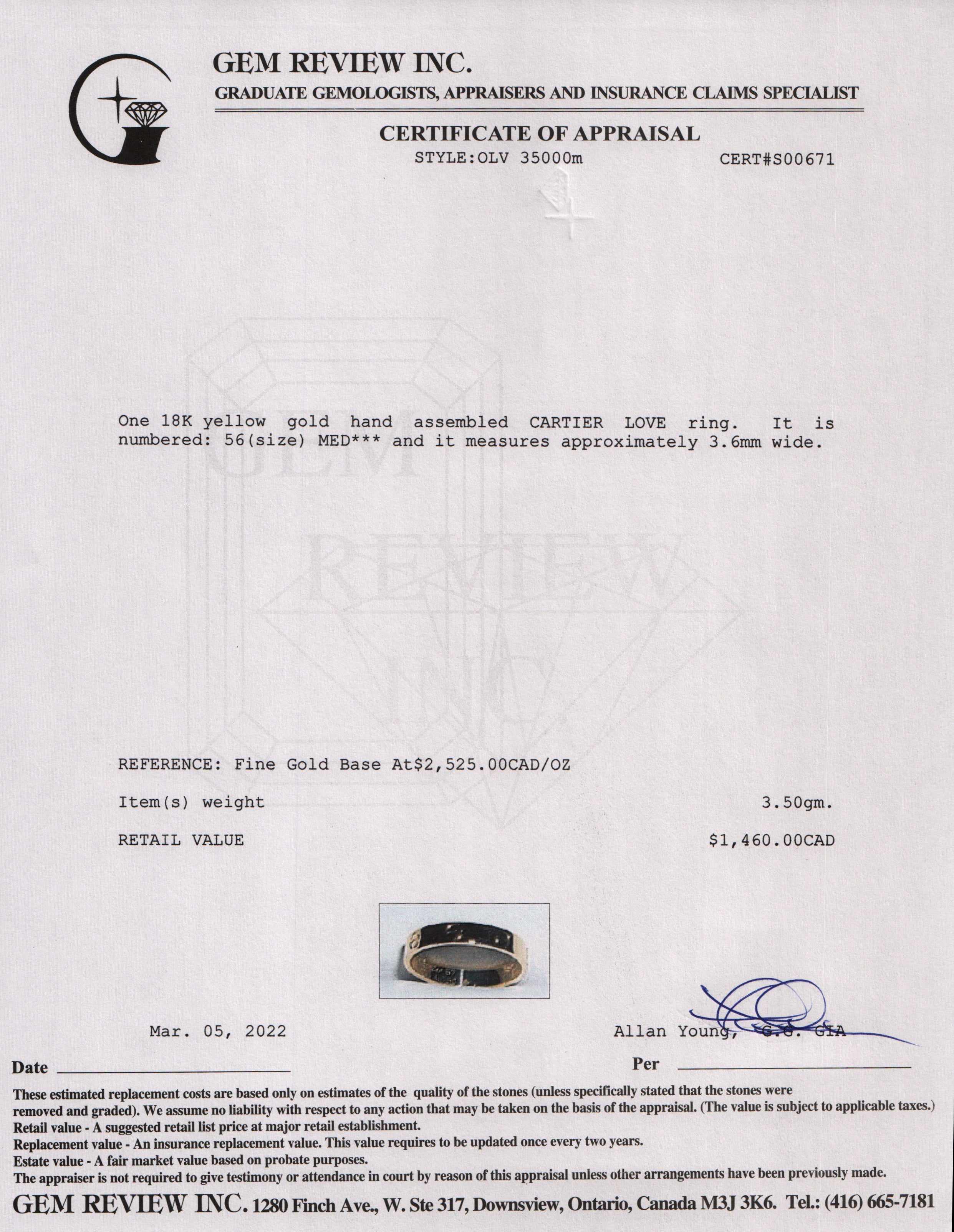 Cartier 18k Yellow Gold Love Wedding Band Ring w/ Box & Certificate