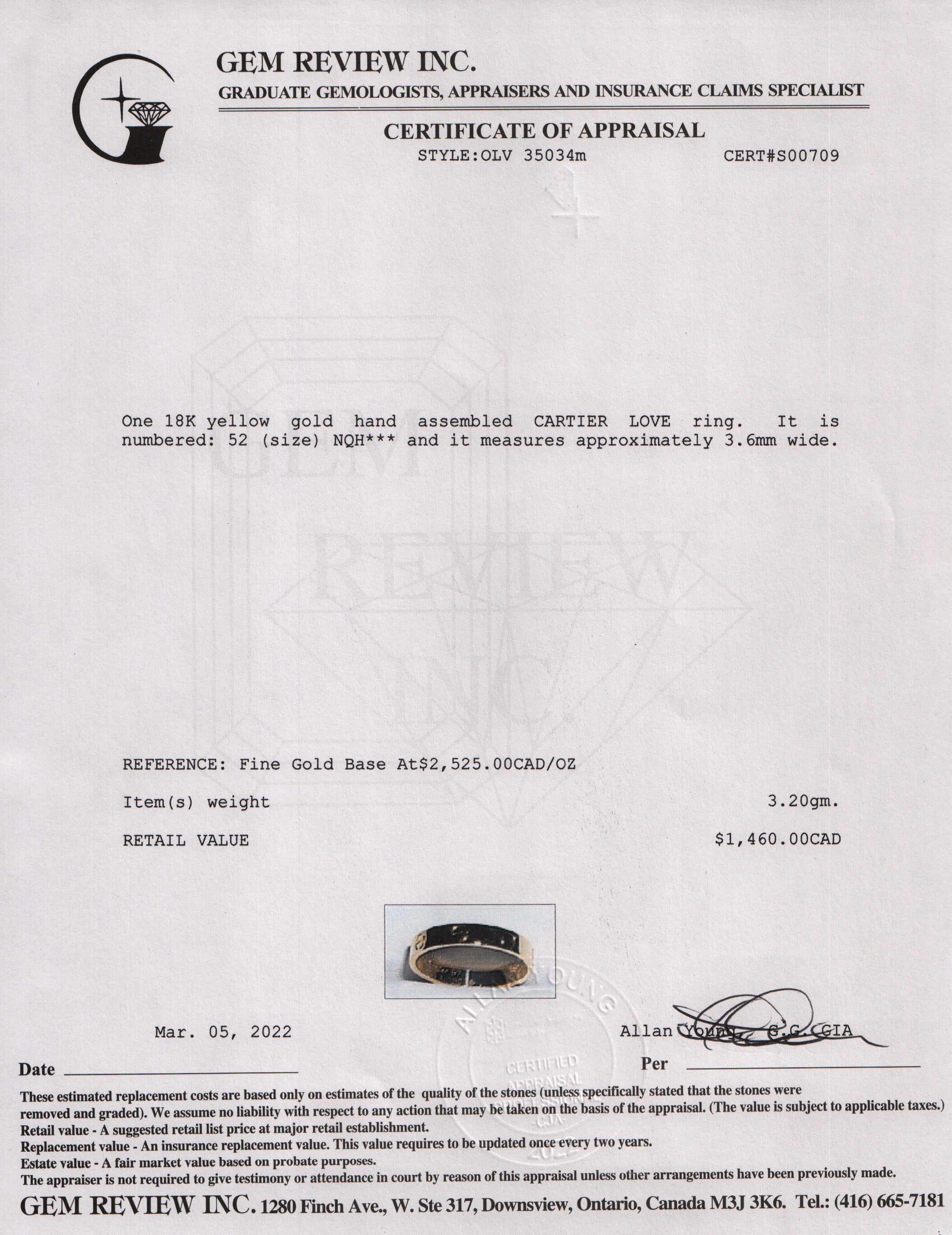 Cartier 18k Yellow Gold Love Wedding Band Ring w/ Box & Certificate