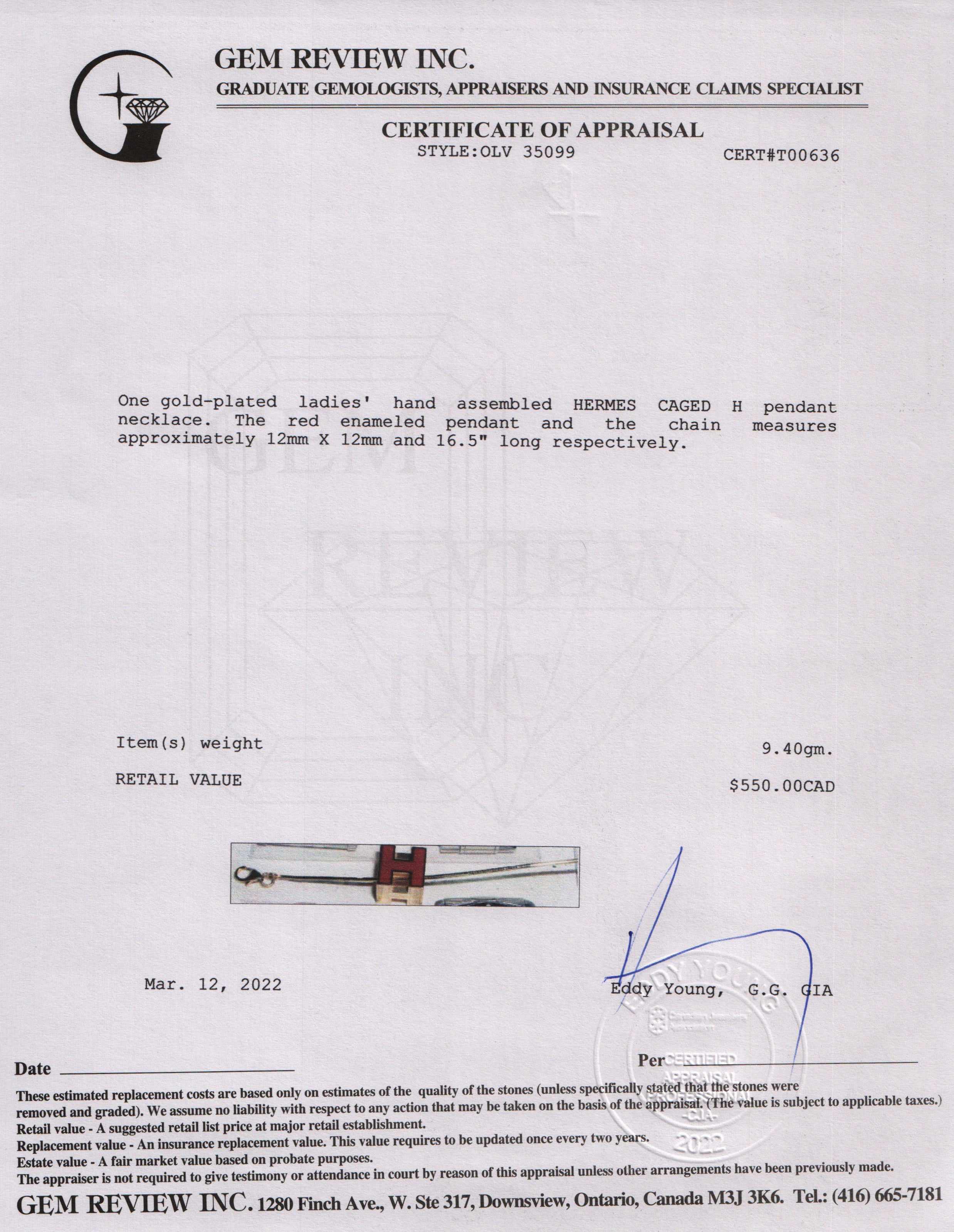 Hermes Cage d'H Pendant Necklace w/ Box