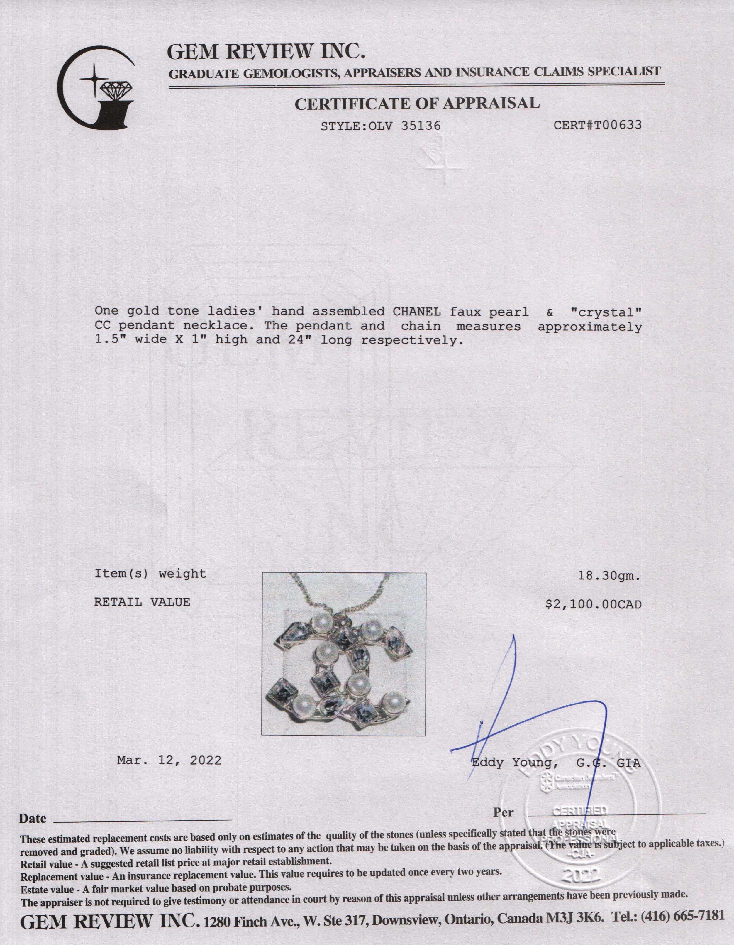 Chanel Faux Pearl & Crystal CC Pendant Necklace