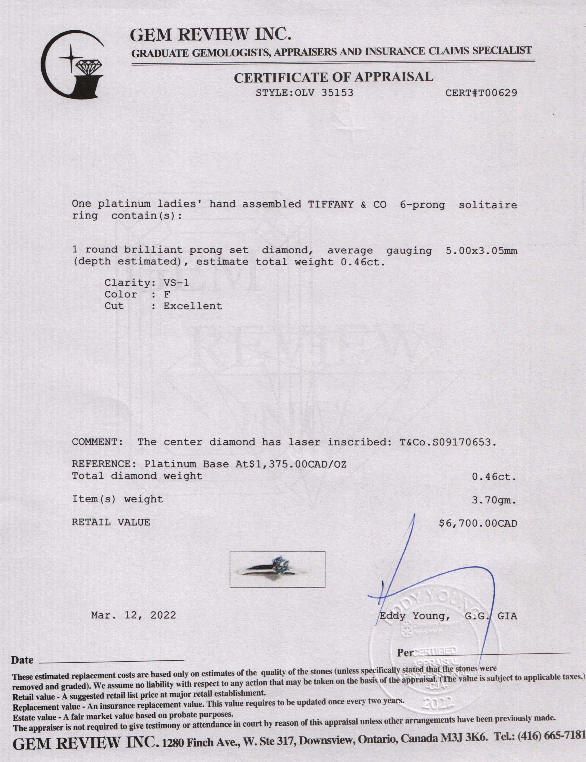 Tiffany & Co. Solitaire Diamond Engagement Ring w/ Certificate