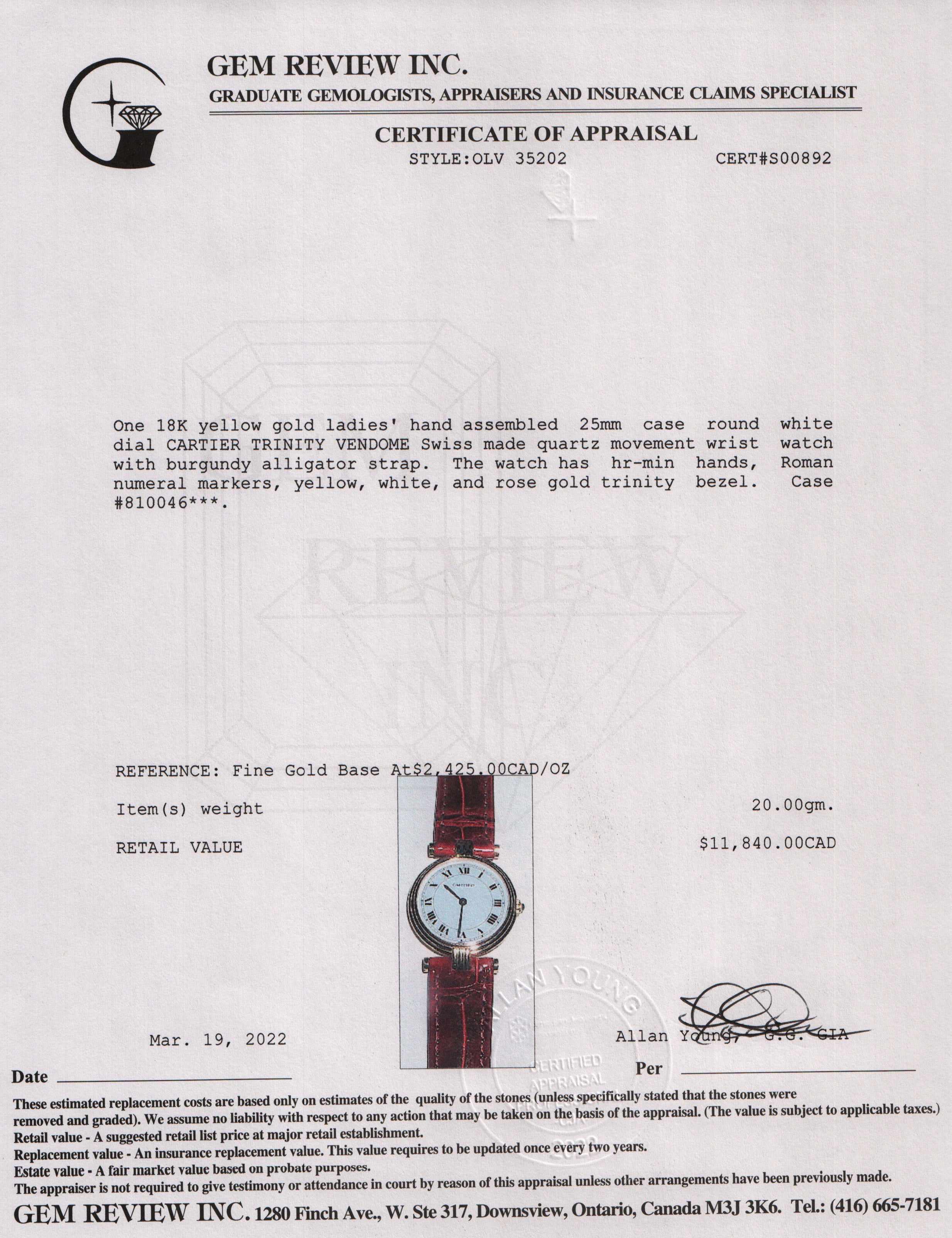 Cartier 18k Gold Vendome Trinity Watch