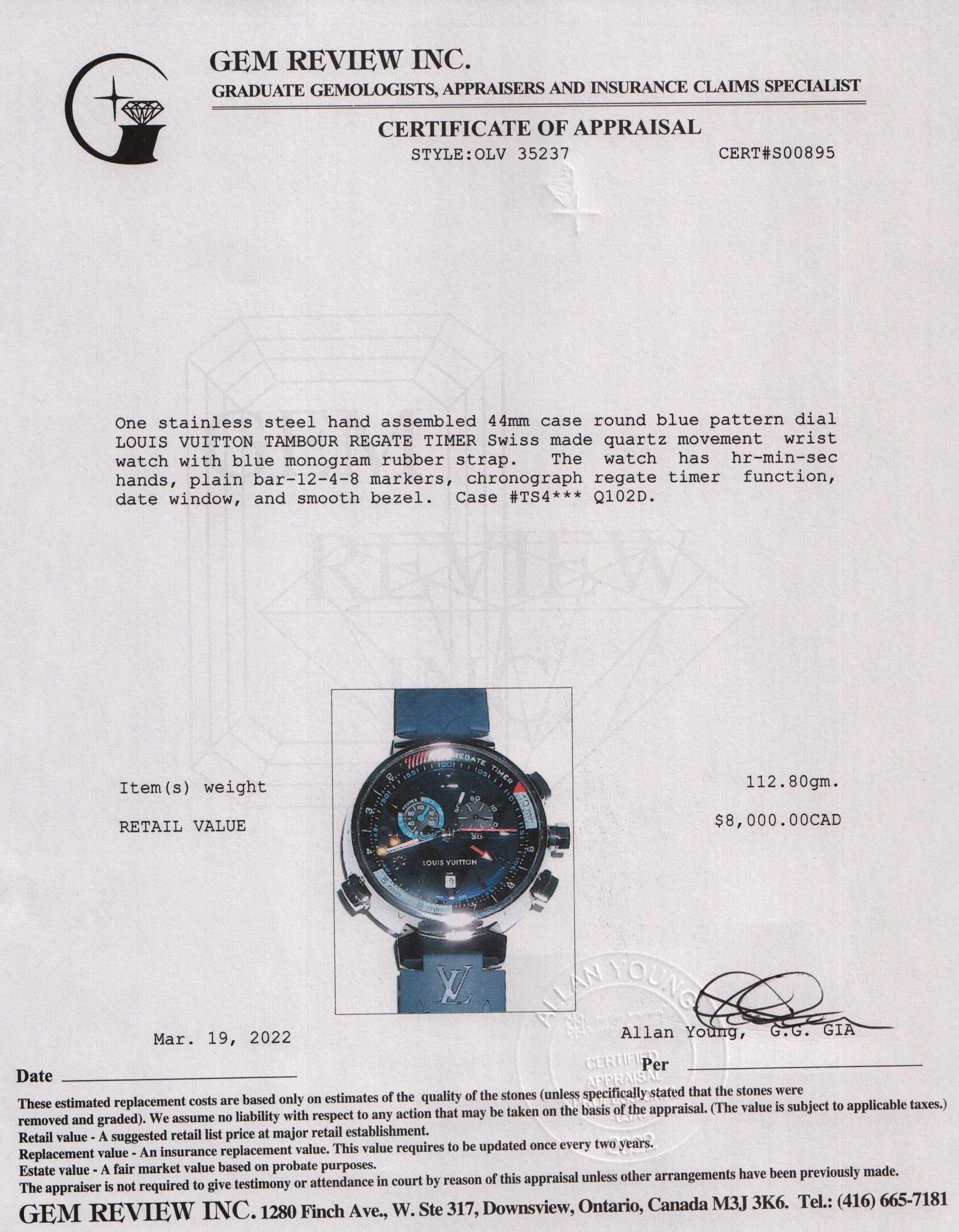 Louis Vuitton Tambour Regate Chronograph Watch w/ Box & Papers