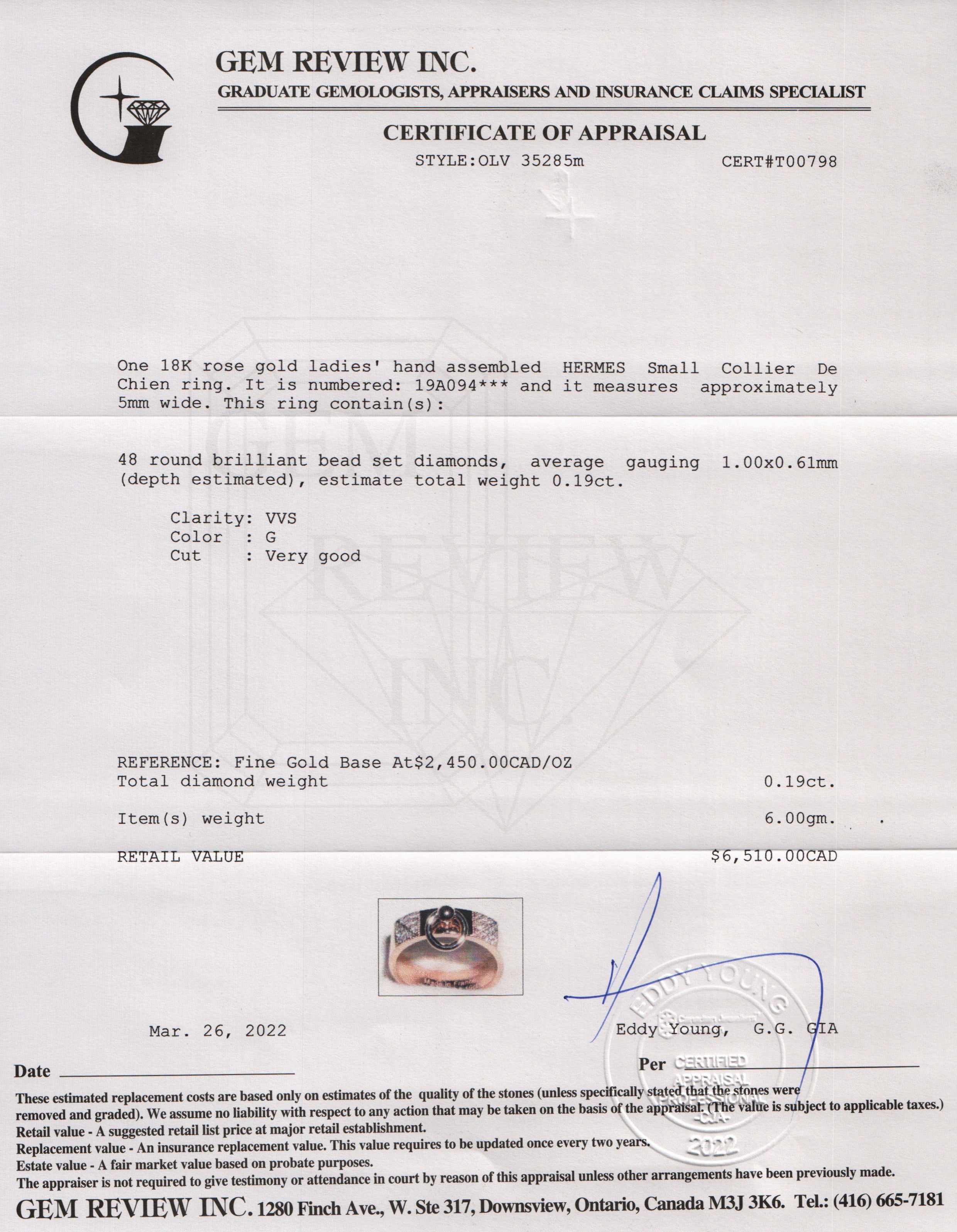 Hermes 18k Rose Gold Diamond Collier de Chien Ring w/ Box