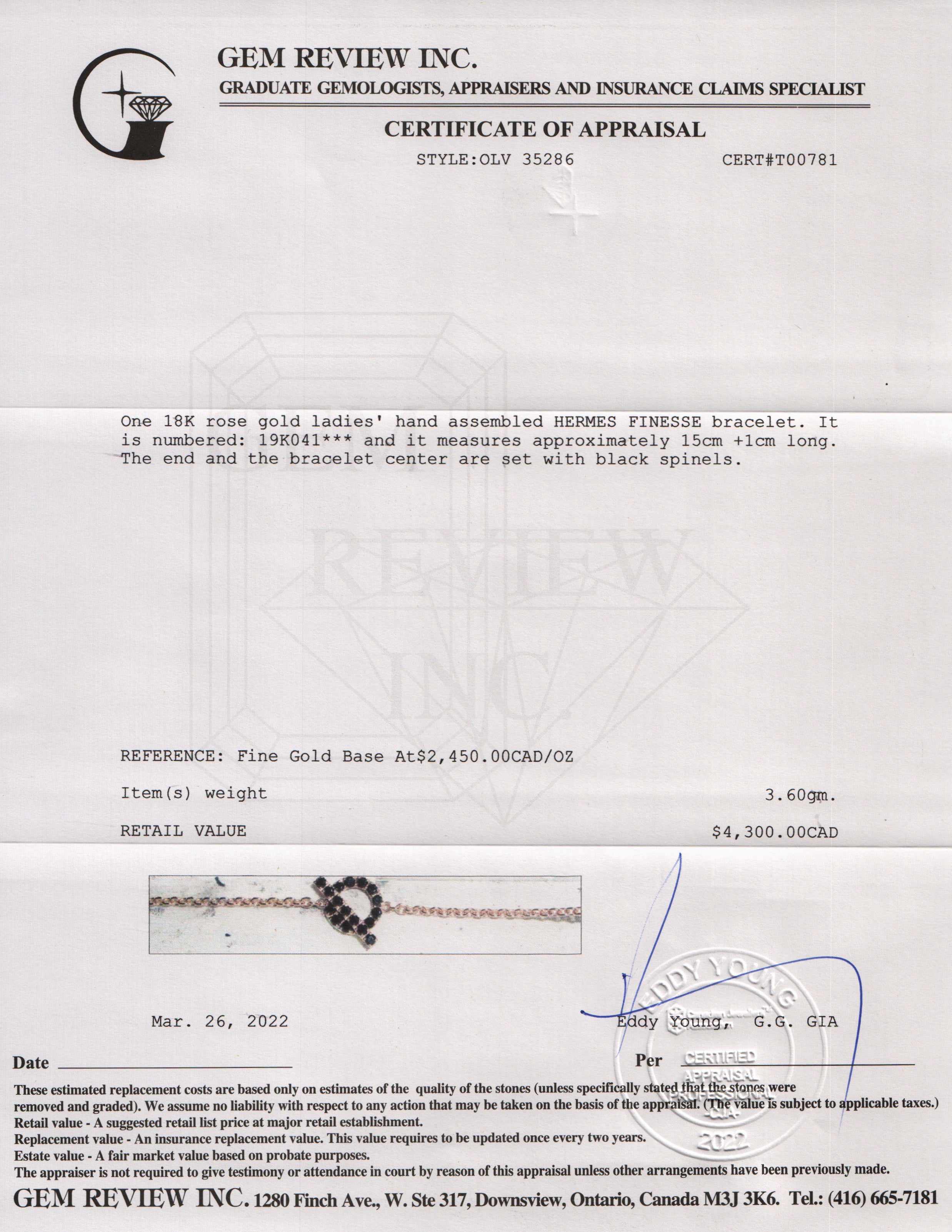 Hermes 18k Rose Gold Black Spinel Finesse Bracelet w/ Box