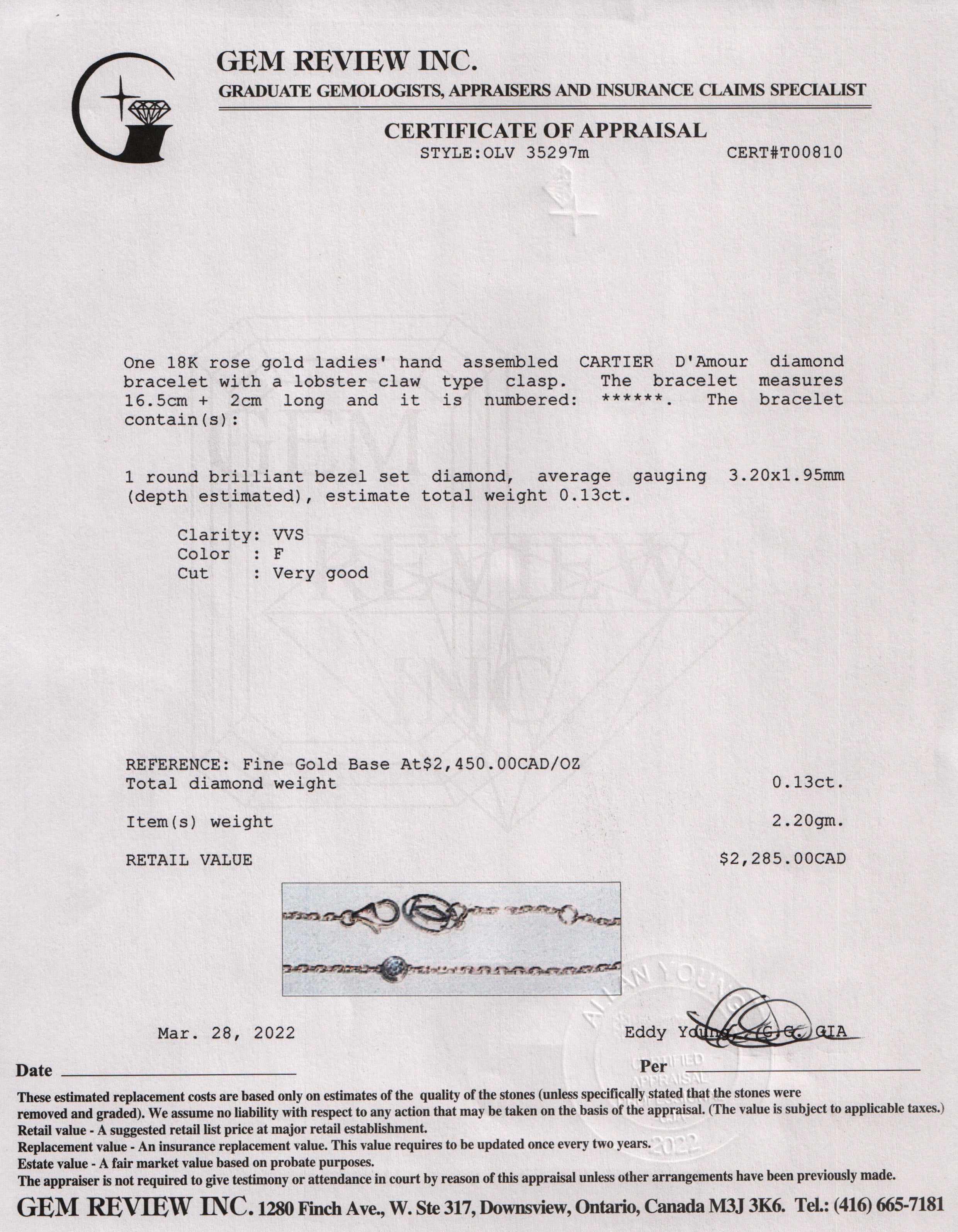 Cartier D'Amour Diamond Bracelet w/ Box & Certificate