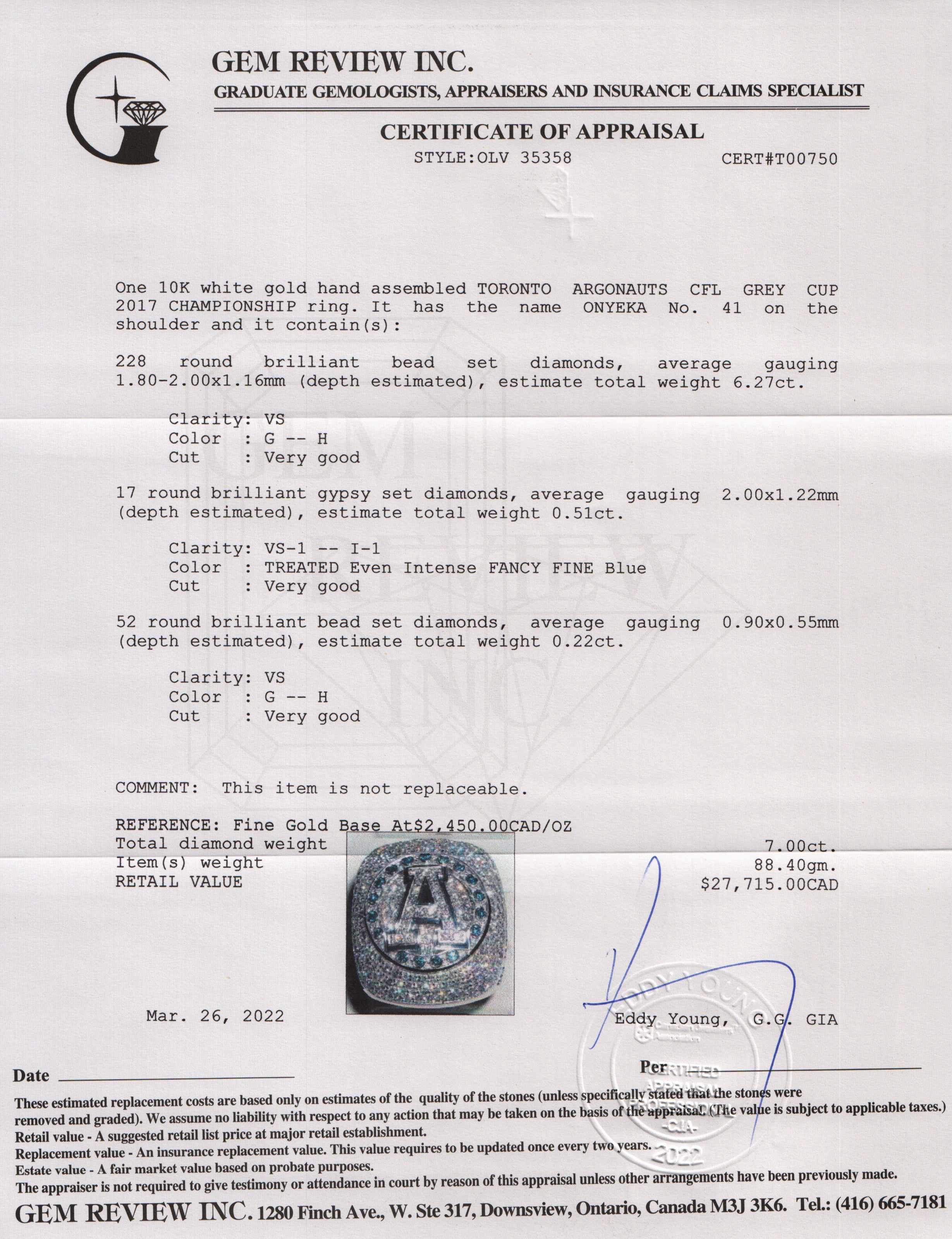 Toronto Argonauts CFL Grey Cup 2017 Championship Diamond Ring w/ Presentation Case