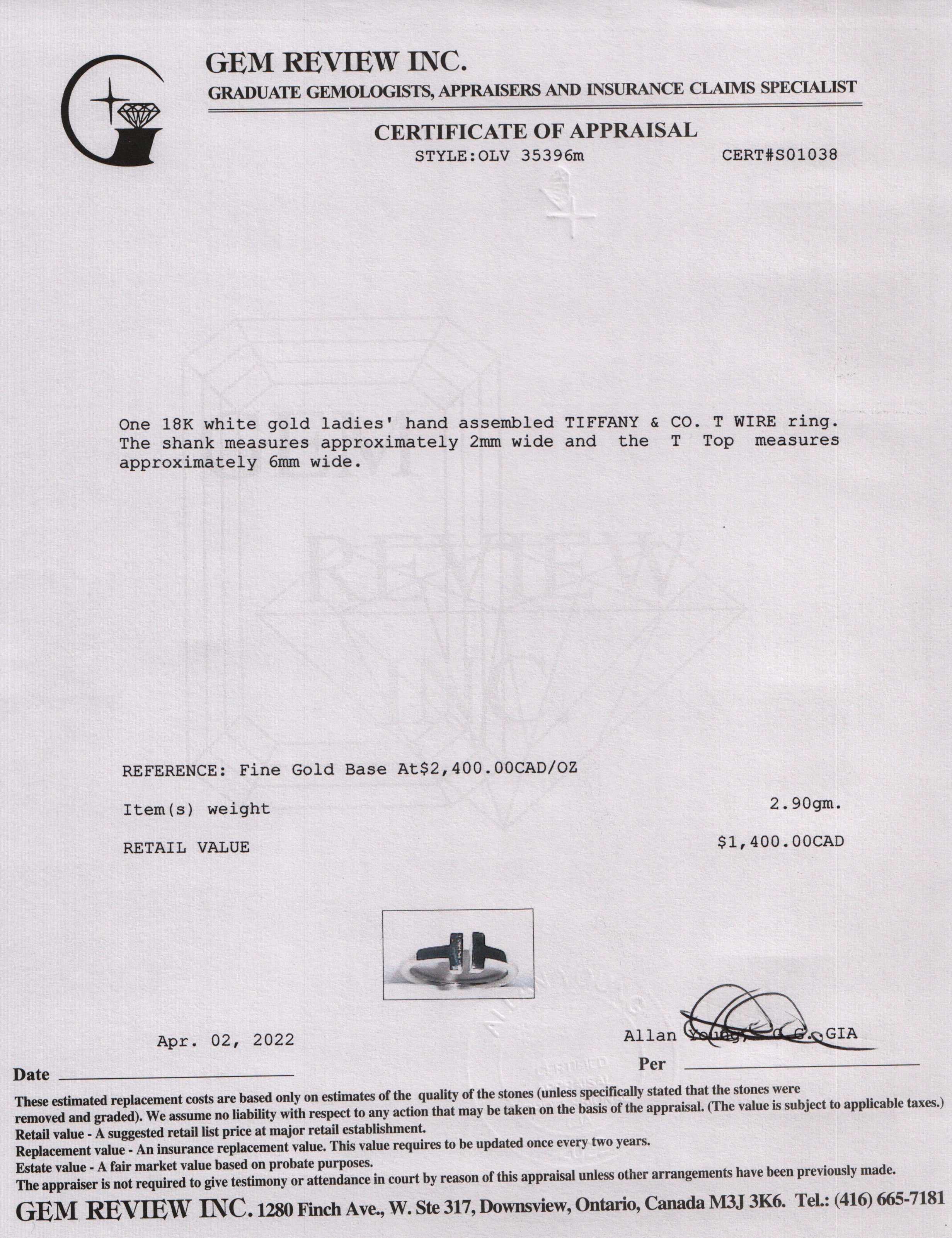 Tiffany & Co. 18k White Gold T Wire Ring