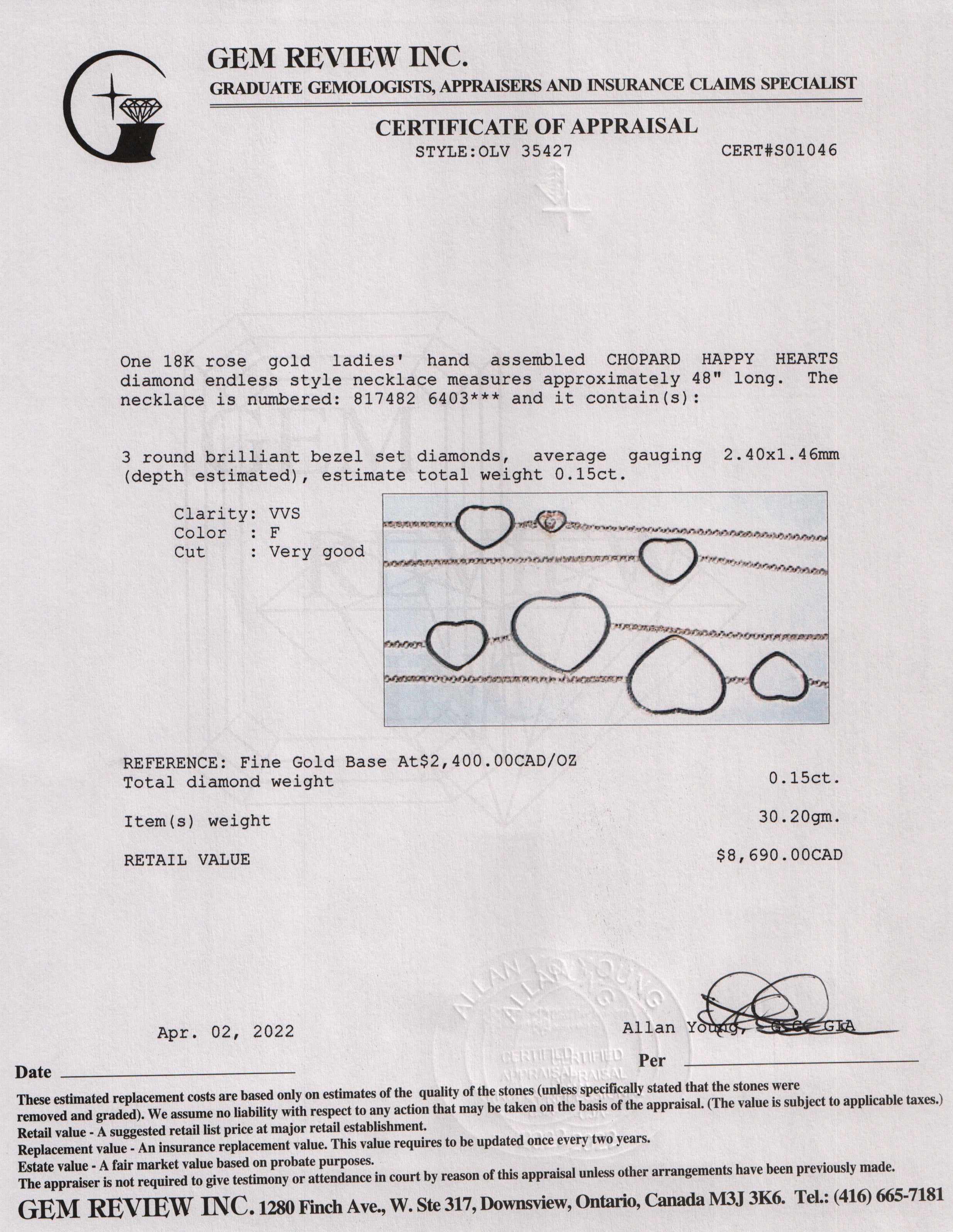 Chopard 18k Rose Gold Happy Hearts Diamond Necklace w/ Box
