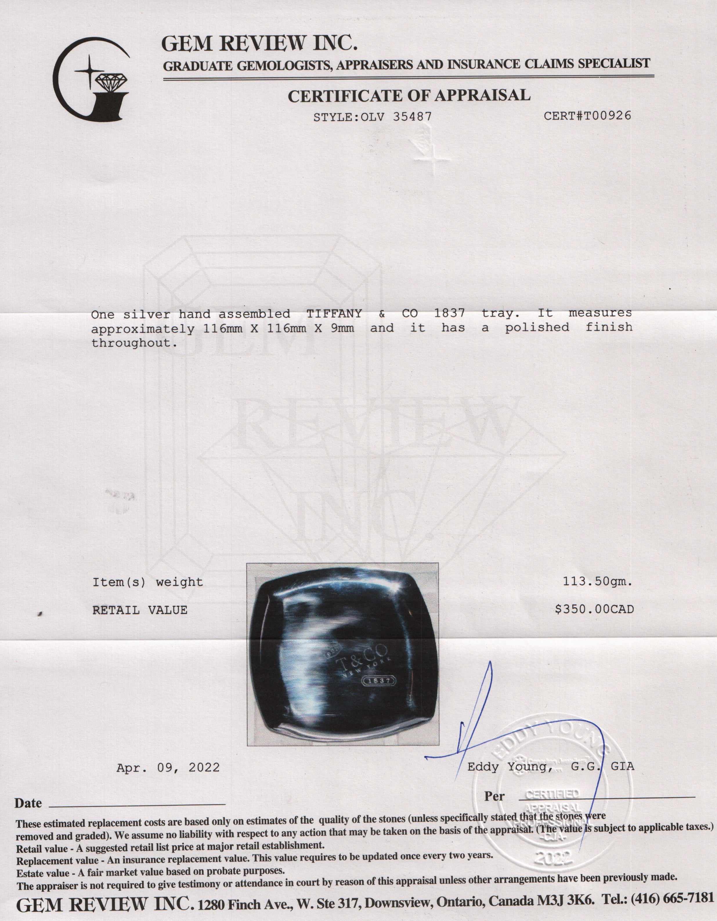 Tiffany & Co. Sterling Silver 1837 Ash Tray