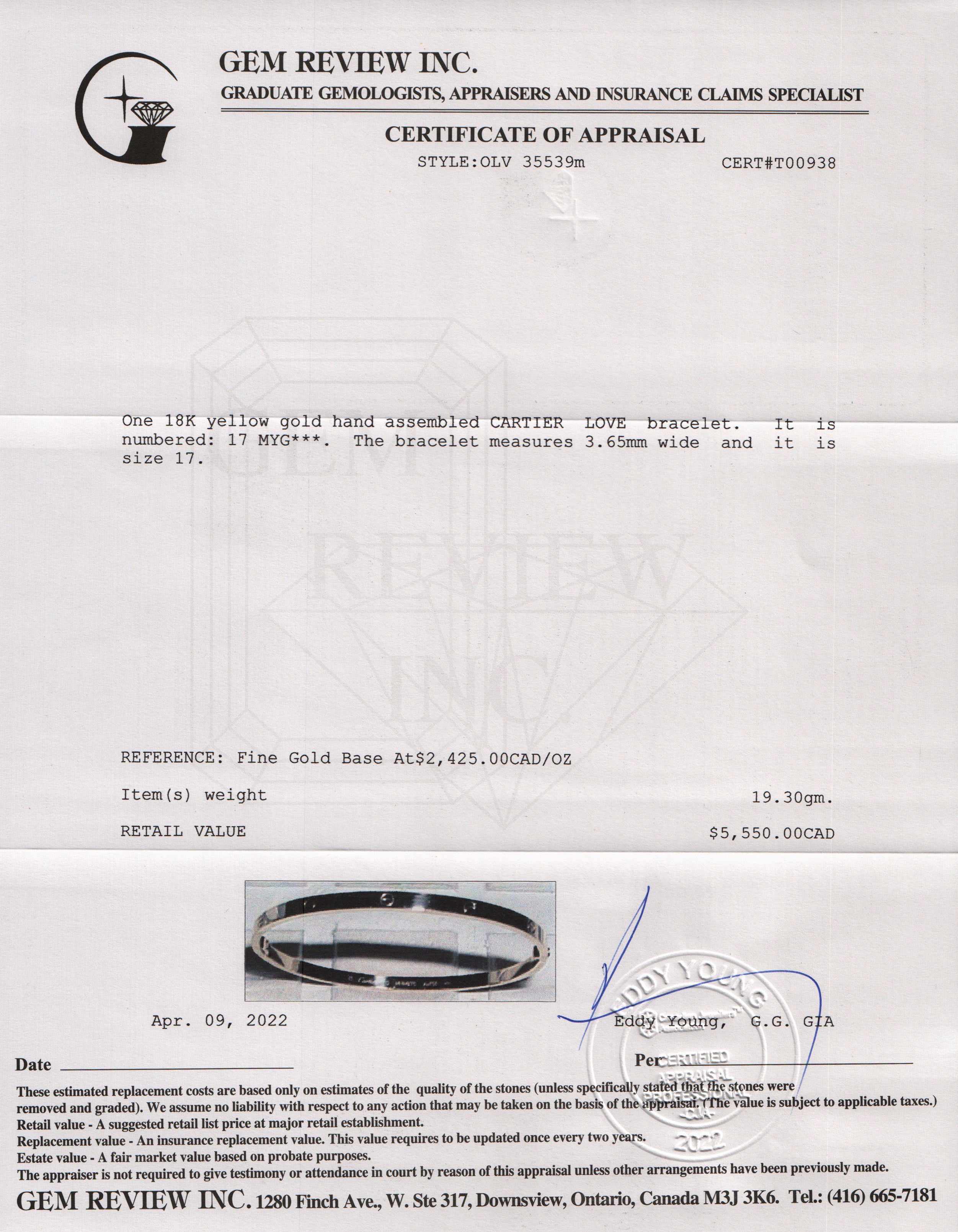 Cartier 18k Rose Gold Love Bracelet, SM Model w/ Box & Certificate