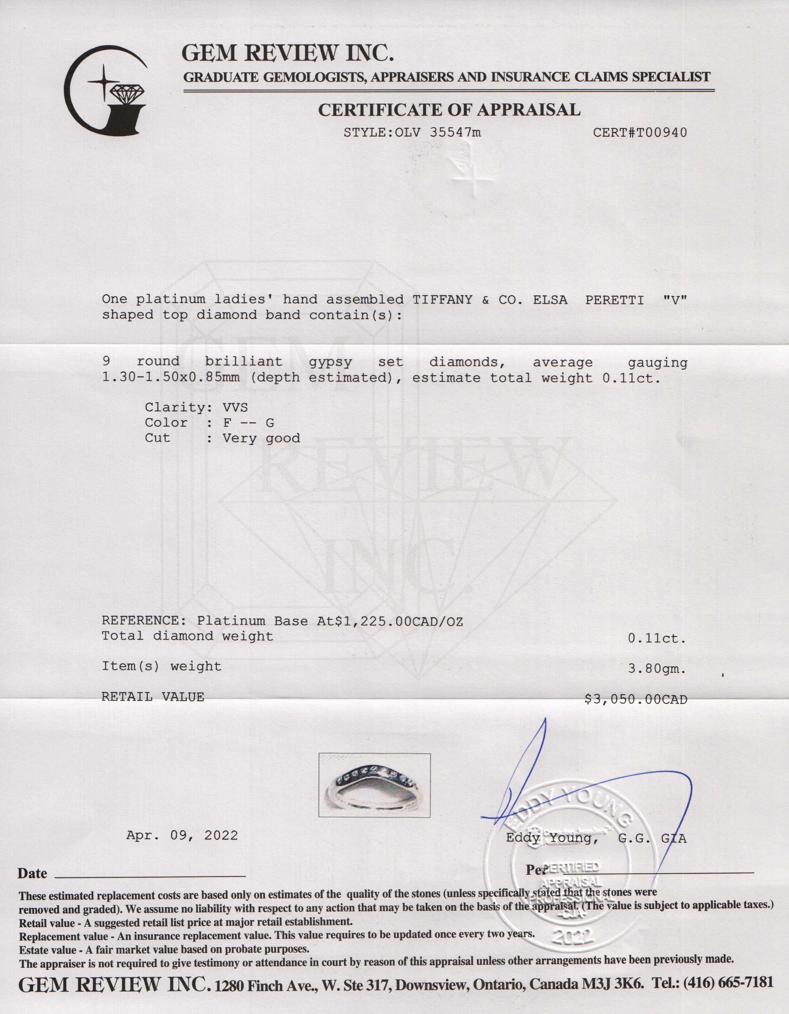 Tiffany & Co. Elsa Peretti Platinum & Diamond Wedding Band Ring