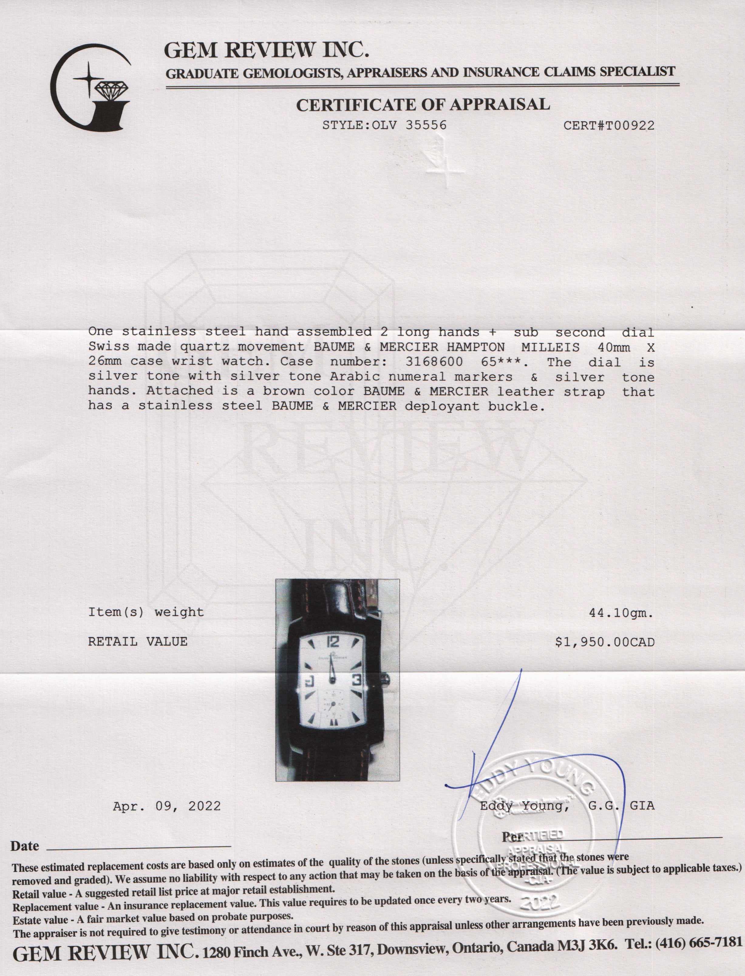 Baume & Mercier Hampton Milleis Watch w/ Box