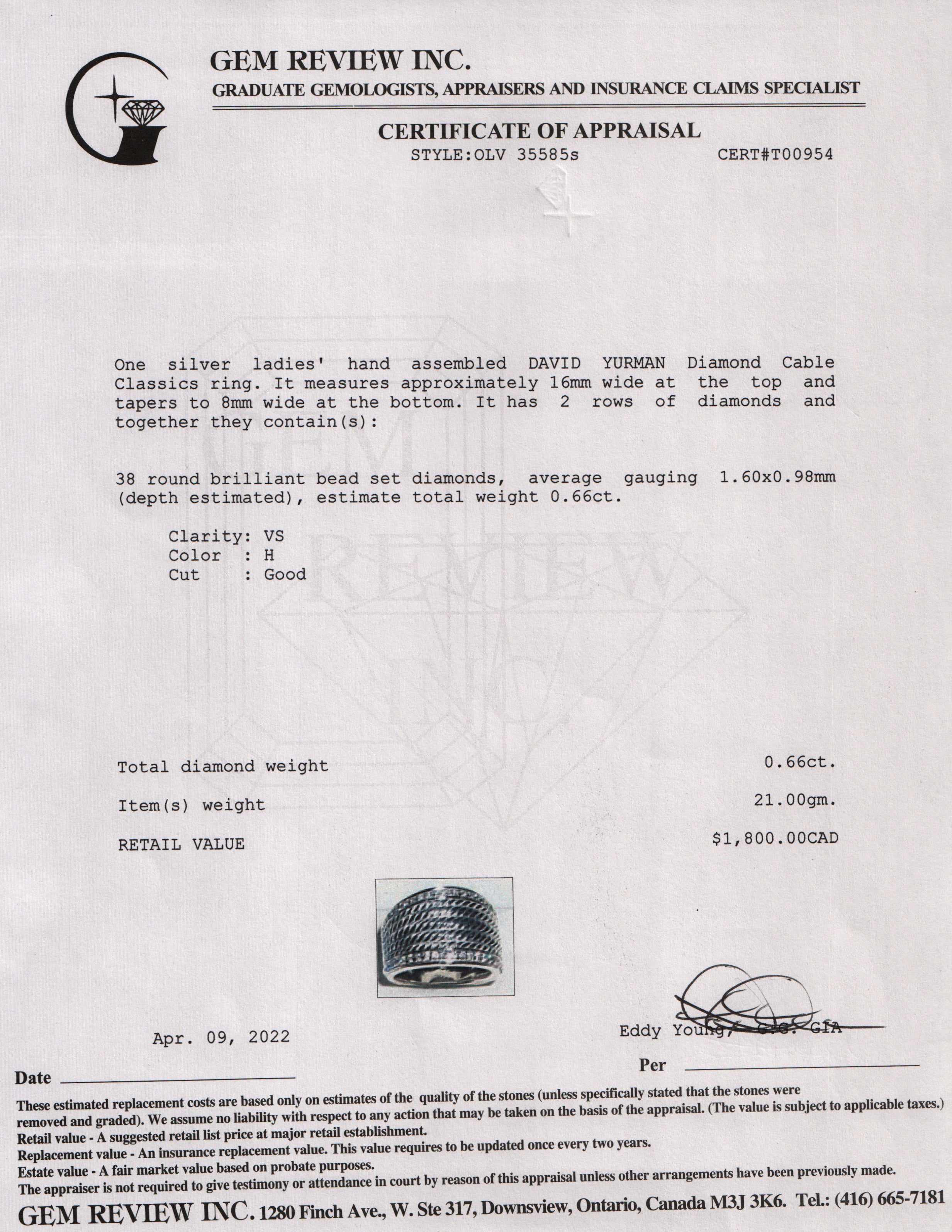 David Yurman Diamond Cable Classics Ring