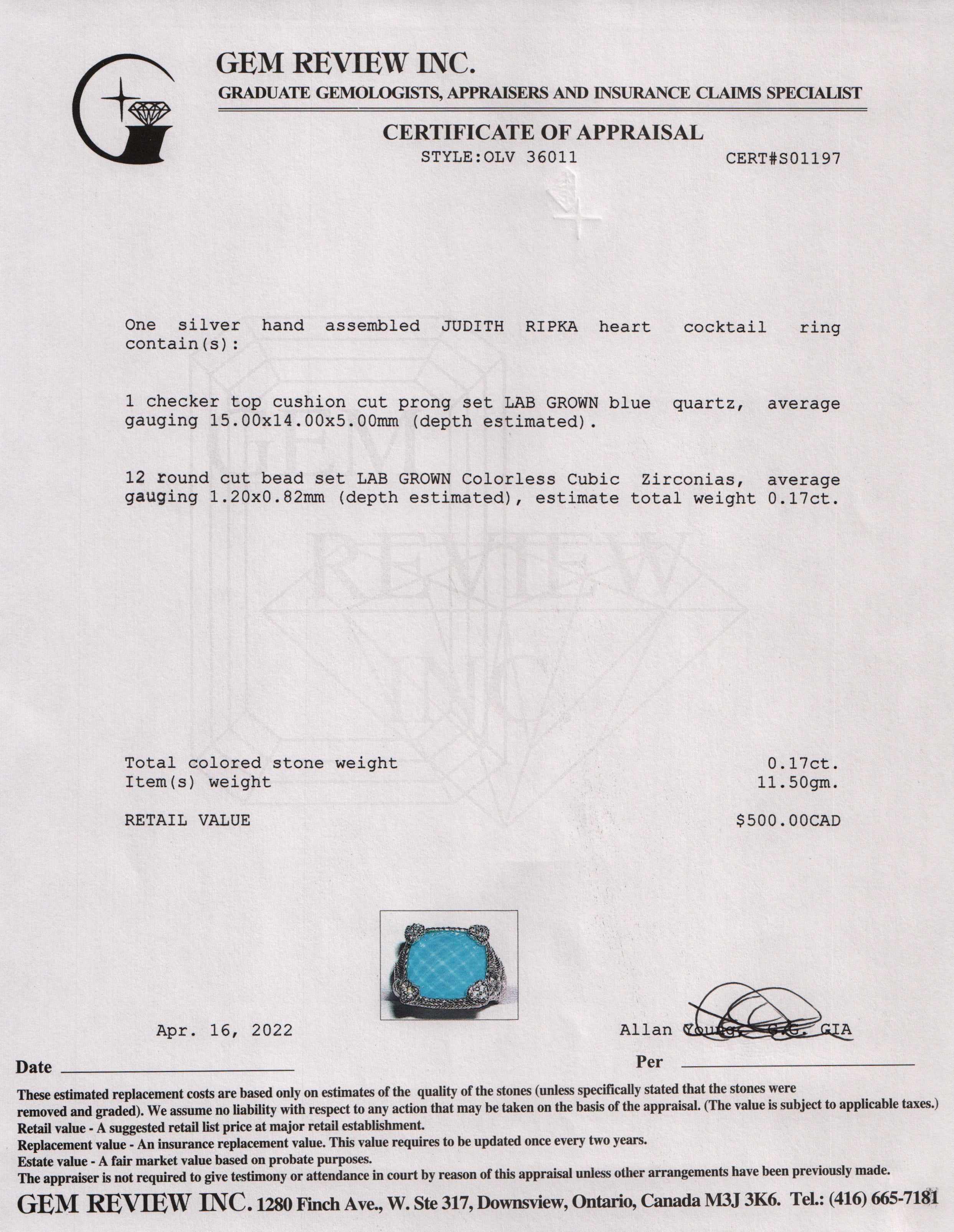 Judith Ripka Blue Quartz Doublet & CZ Heart Cocktail Ring