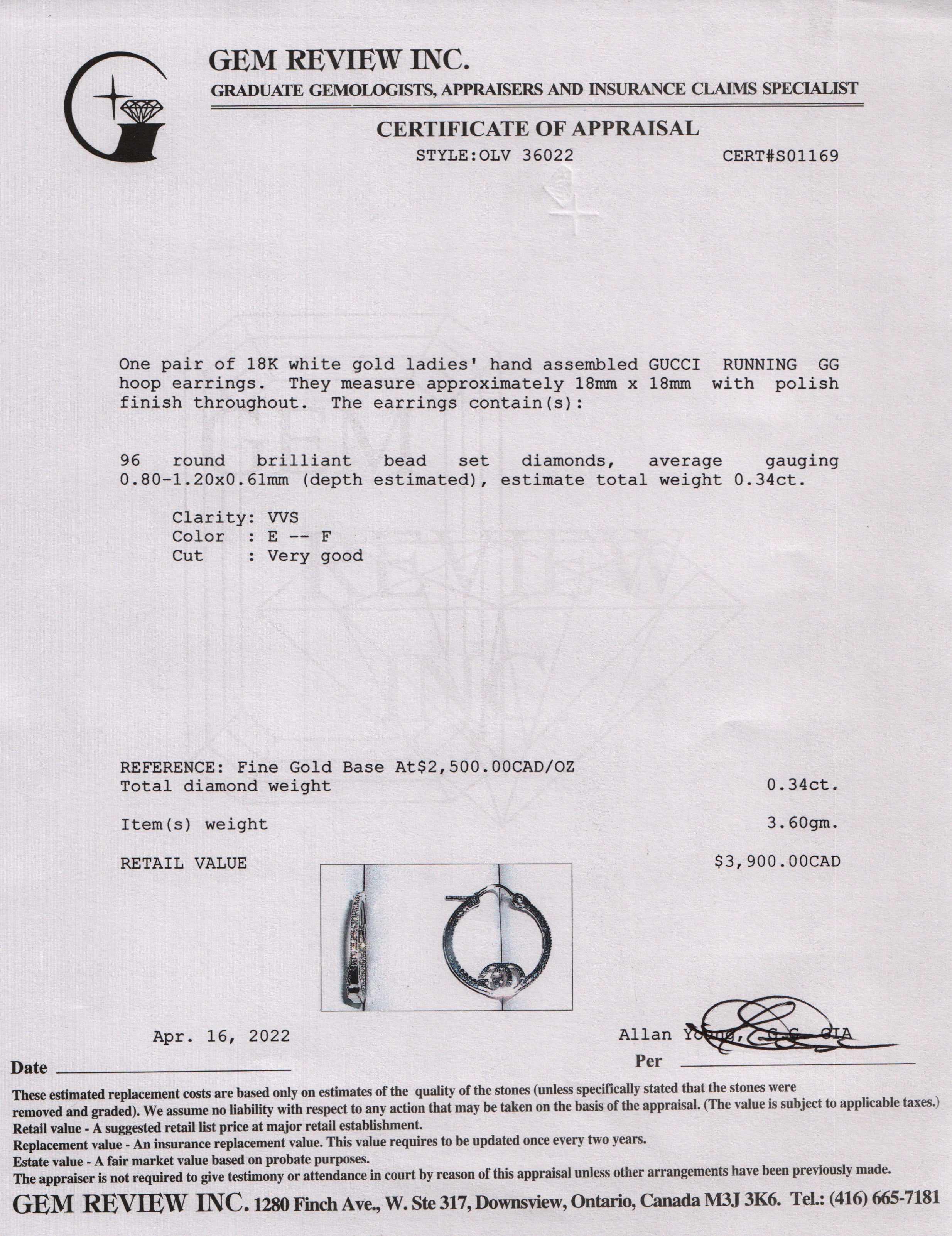Gucci 18k White Gold Running GG Diamond Hoop Earrings w/ Box