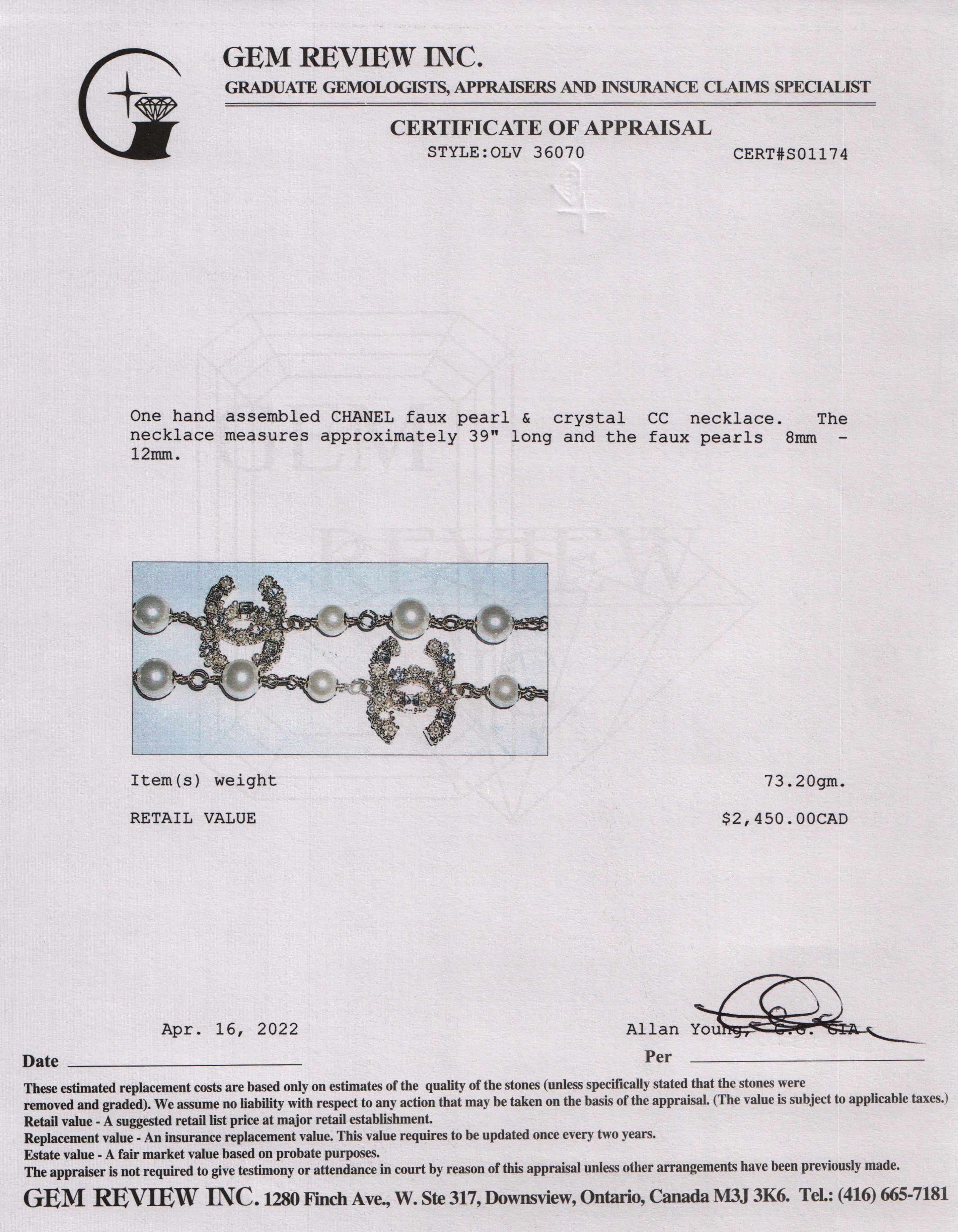 Chanel Faux Pearl & Crystal CC Necklace w/ Box