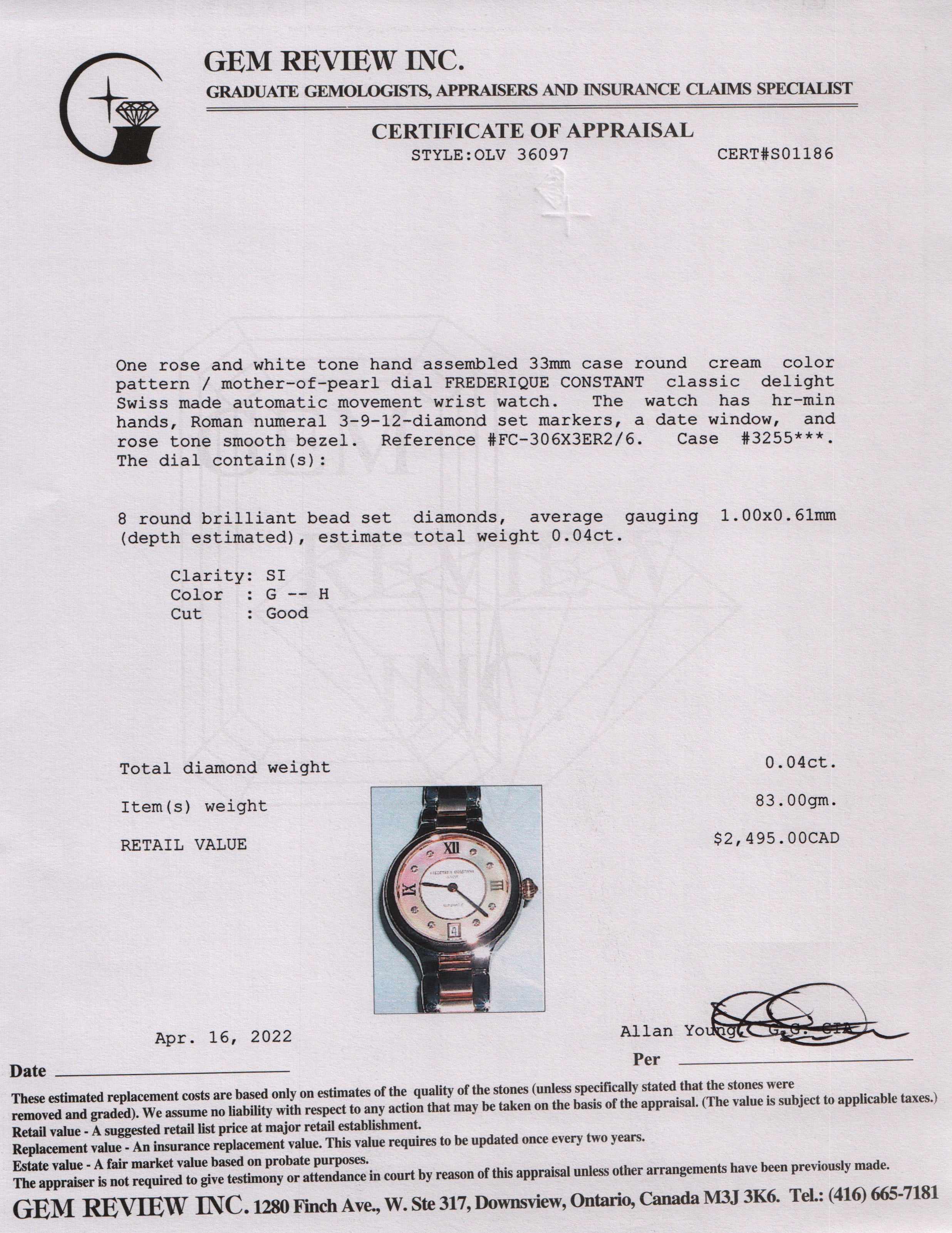 Frederique Constant Two-Tone Classics Delight Watch w/ Box & Papers