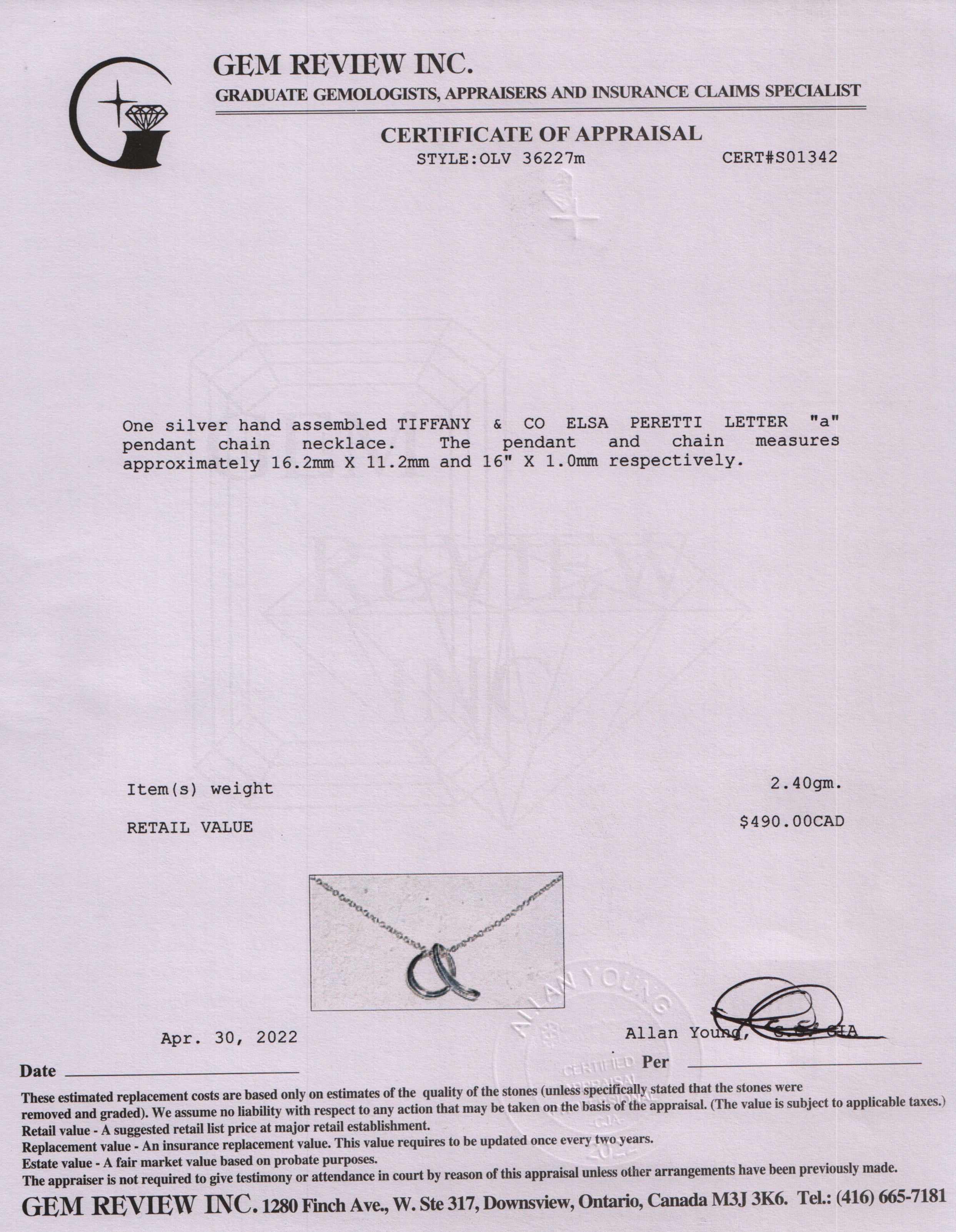 Tiffany & Co. Elsa Peretti Letter 'A' Pendant Necklace