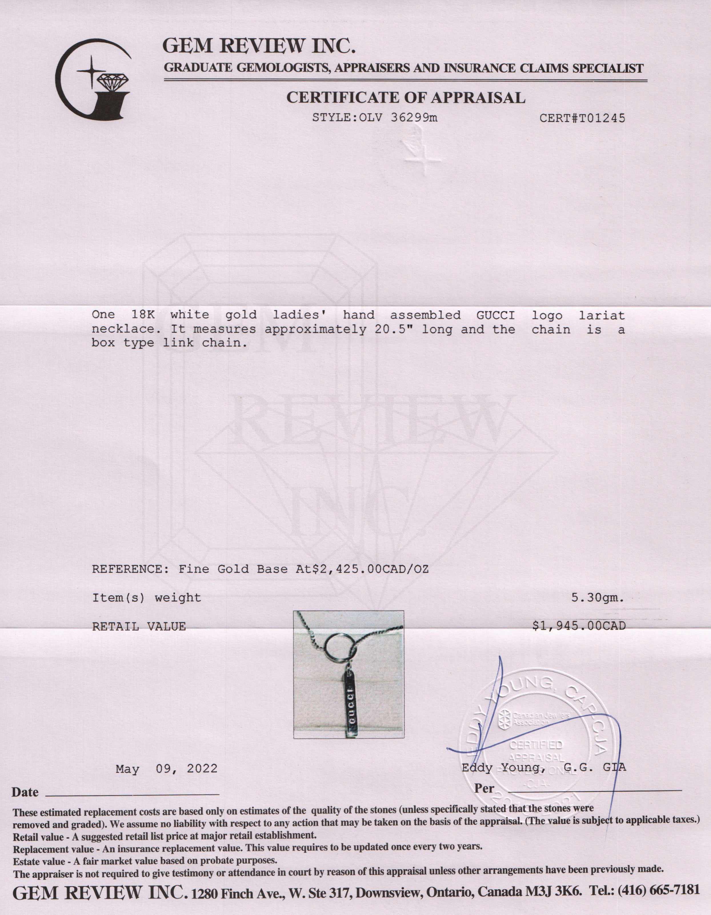 Gucci 18k White Gold Logo Lariat Necklace