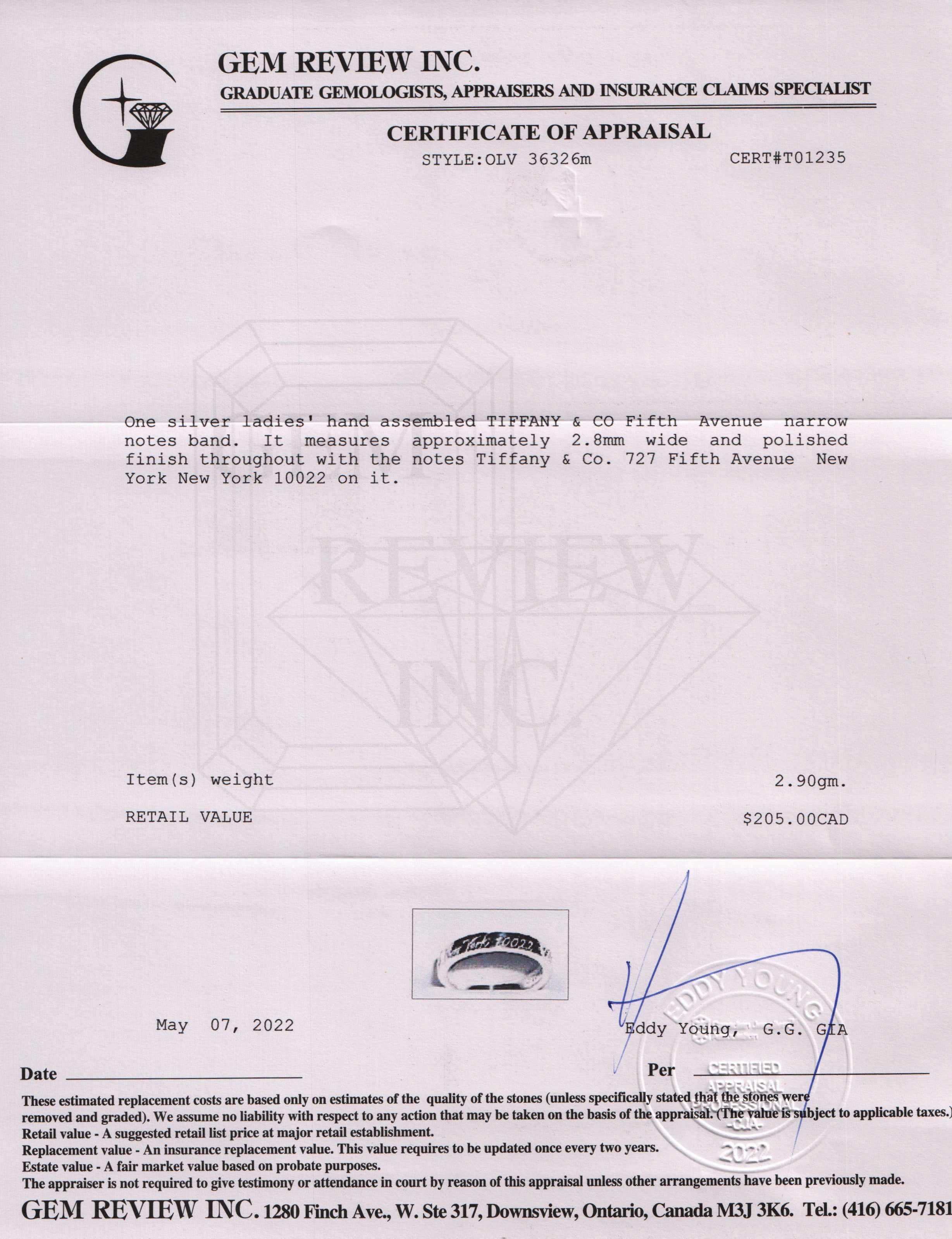 Tiffany & Co. Fifth Ave Narrow Notes Band Ring