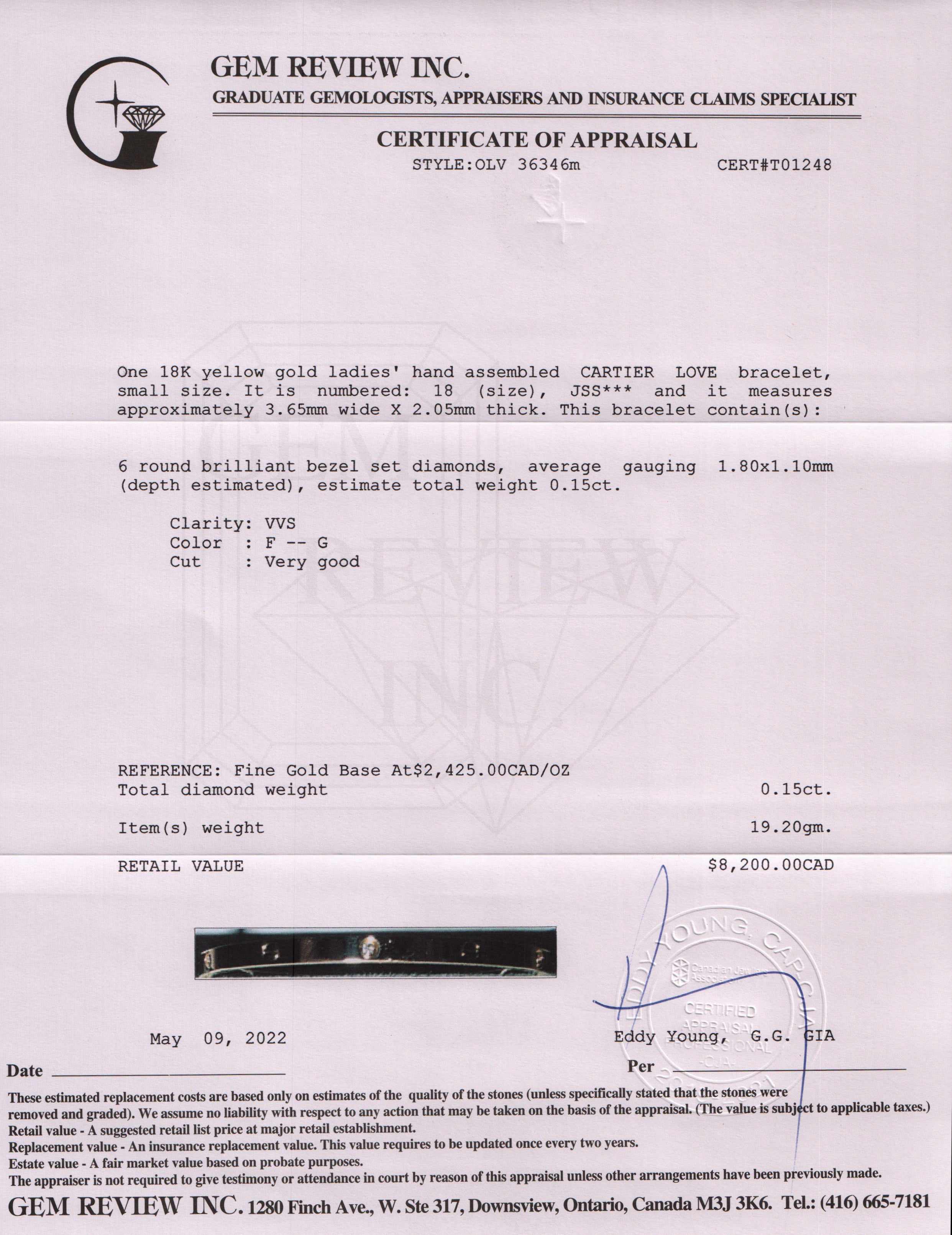 Cartier 18k Rose Gold 6 Diamond Love Bracelet, Small Model w/ Box & Certificate