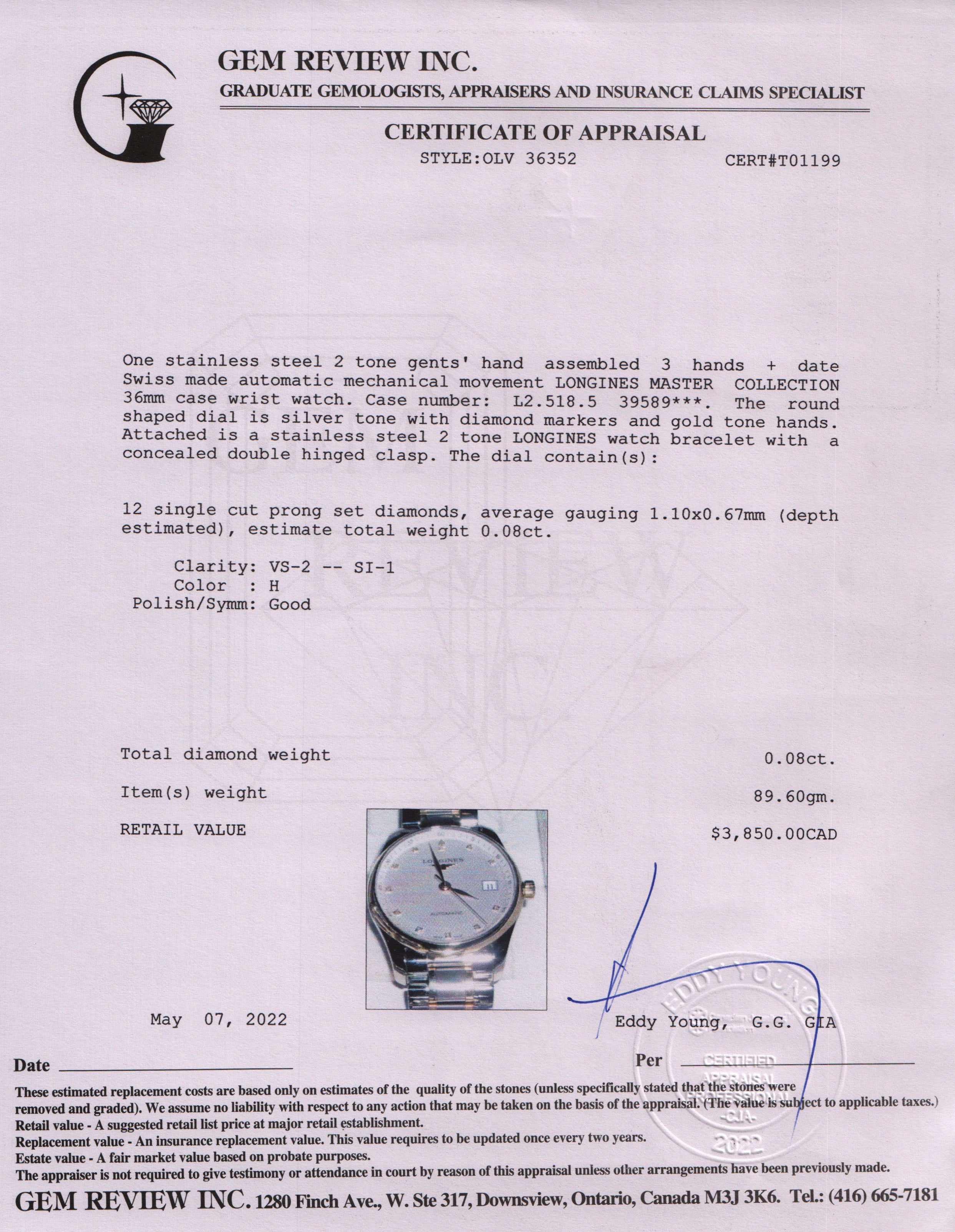 Longines Two-Tone Master Collection Automatic Watch w/ Box & Receipt