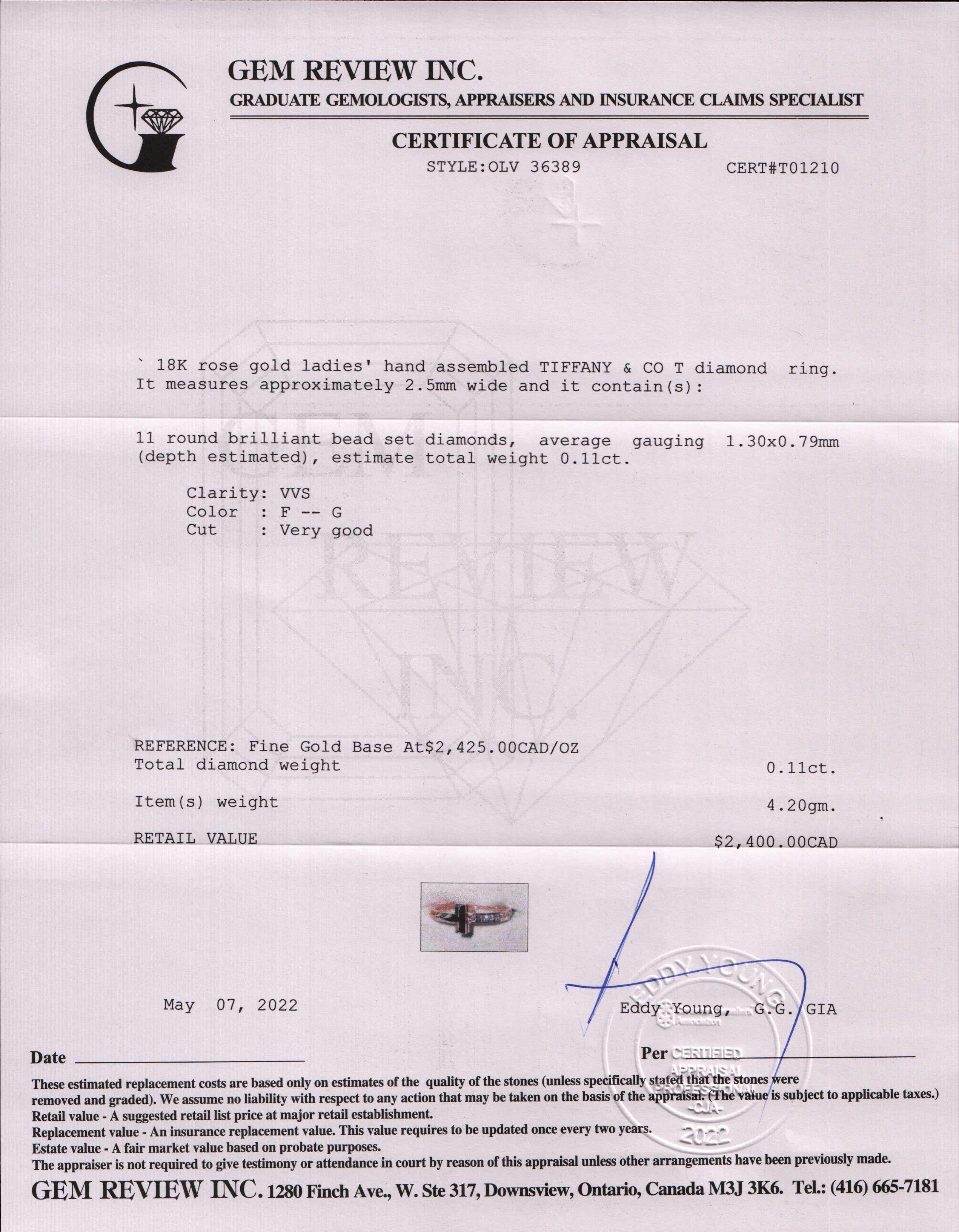 Tiffany & Co. 18k Rose Gold T1 Diamond Ring