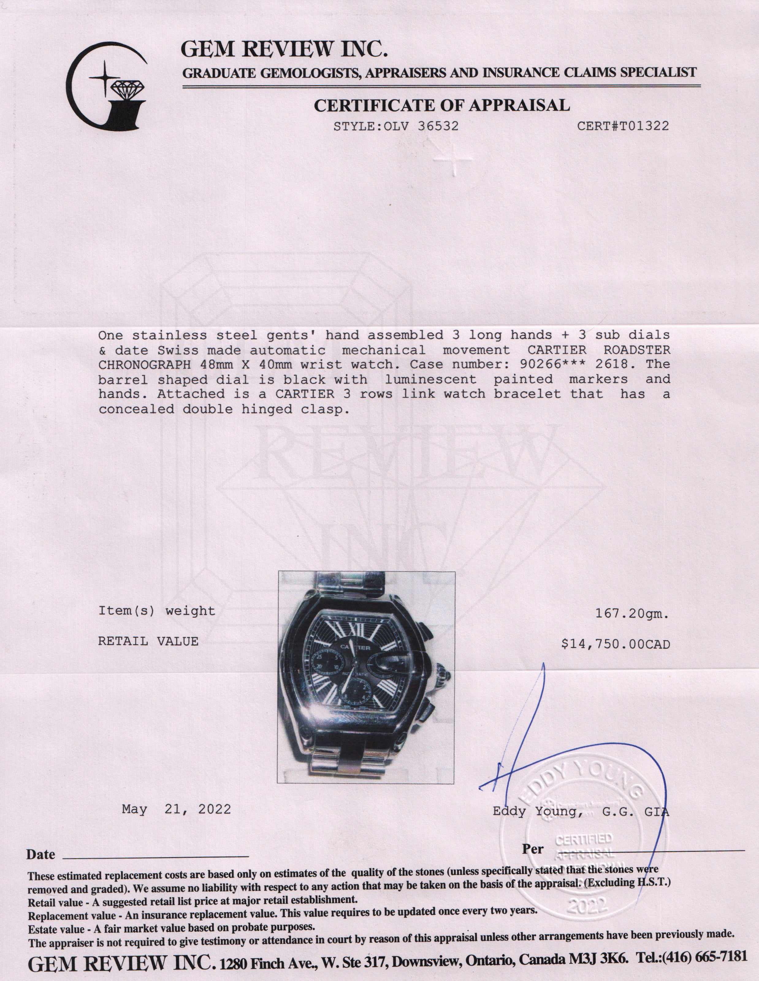 Cartier Roadster Automatic Chronograph Watch w/ Box & Extra Strap