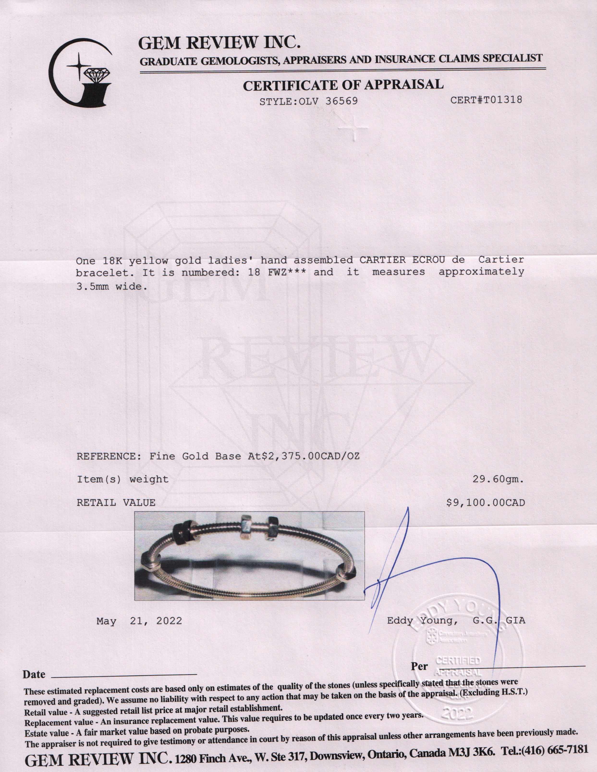 Cartier 18k Gold Ecrou de Cartier Bracelet w/ Box & Certificate