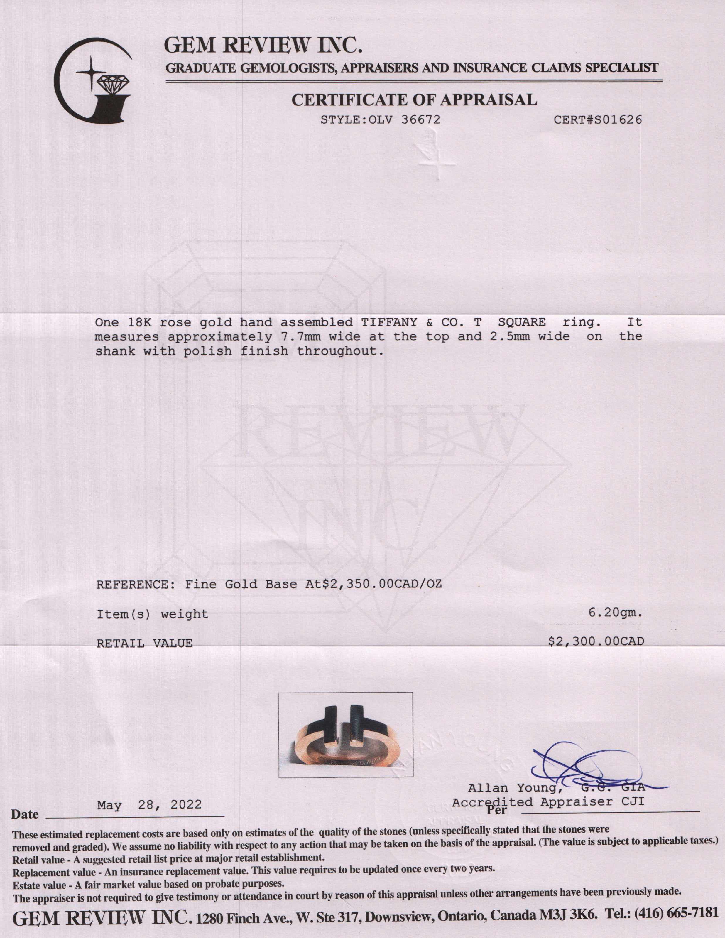 Tiffany & Co. 18k Gold T Square Ring