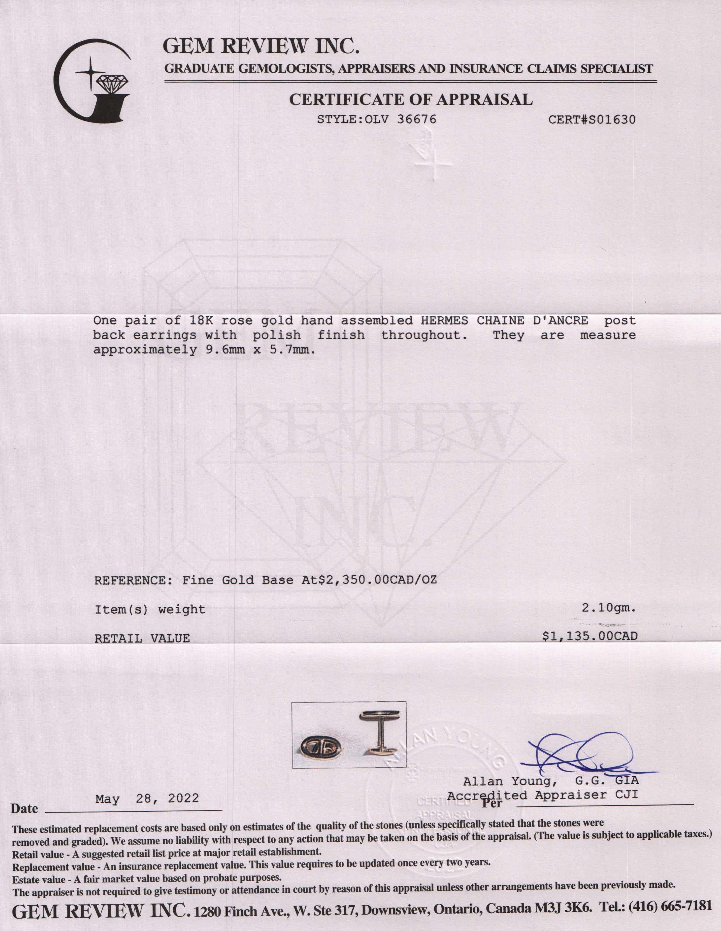 Hermes 18k Rose Gold Chaine D'Ancre Stud Earrings w/ Box