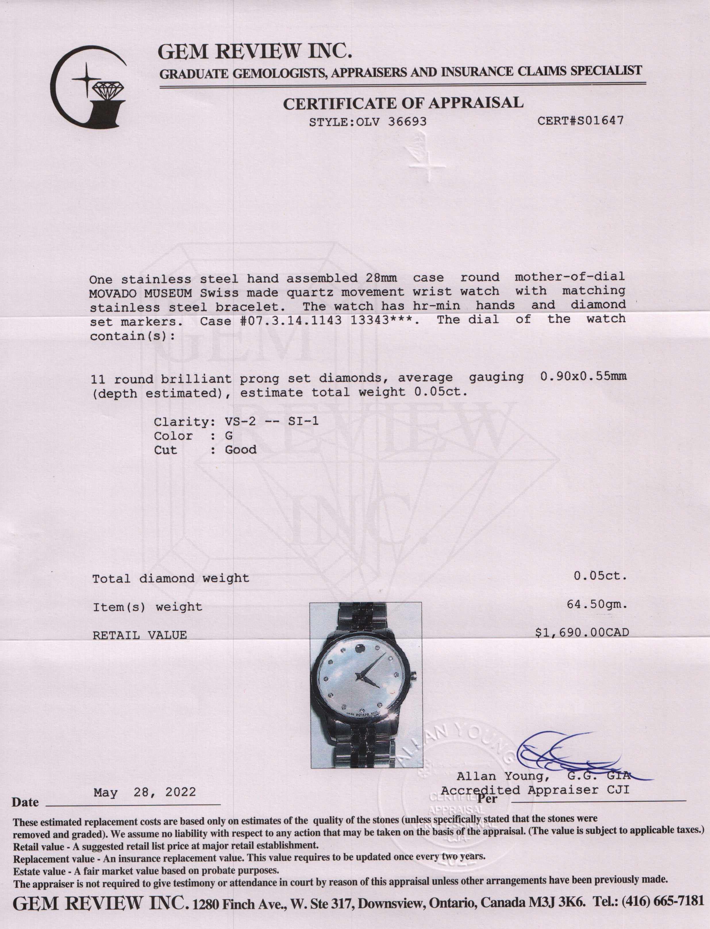 Movado Museum Watch w/ Mother of Pearl Diamond Dial