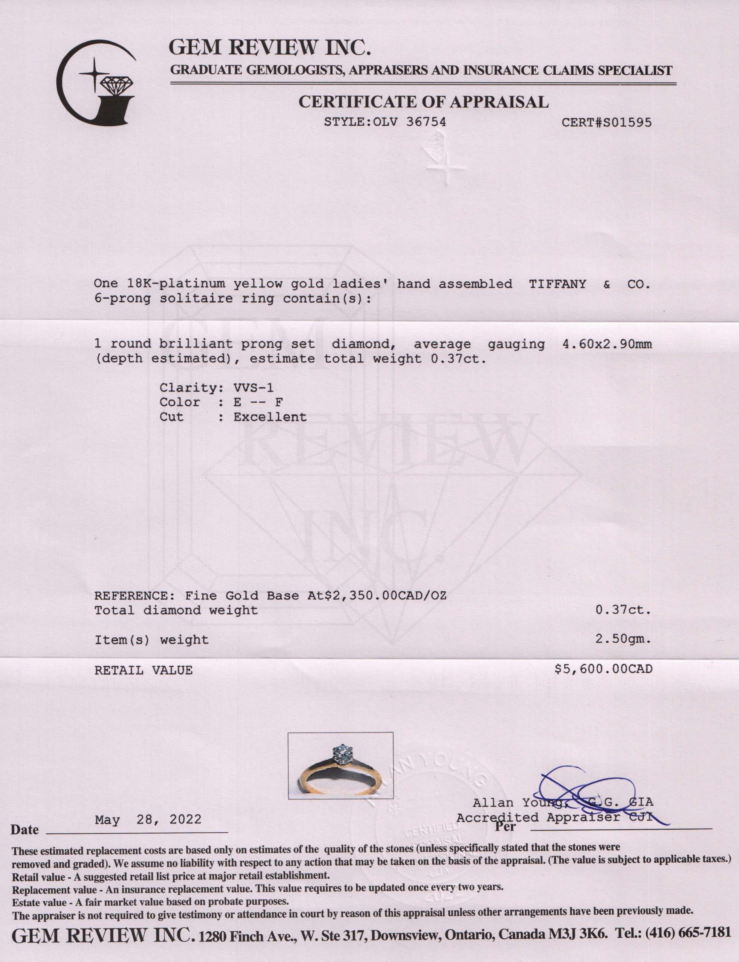 Tiffany & Co. 18k Yellow Gold Solitaire Diamond Engagement Ring w/ Box